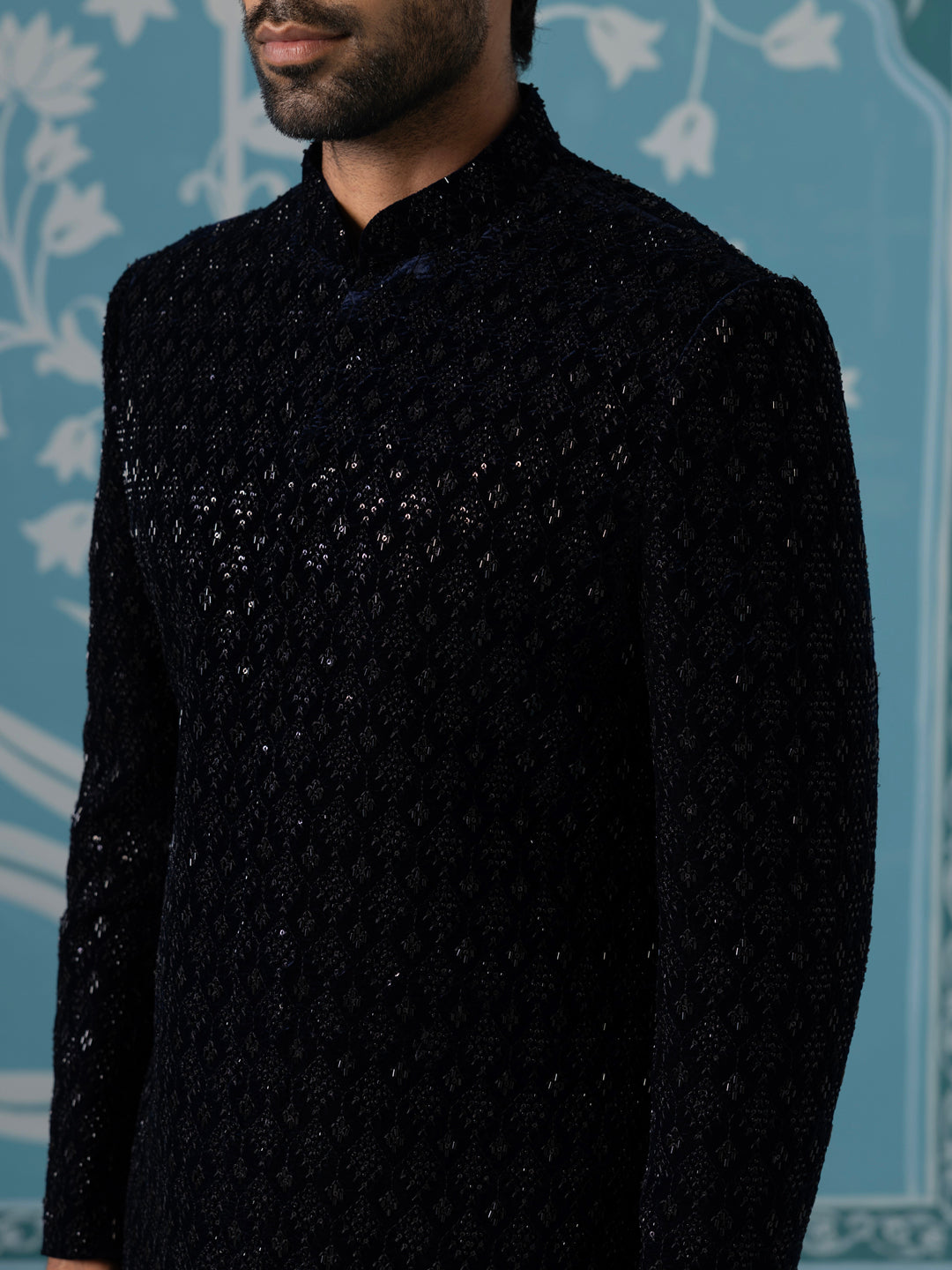 Blue Velvet Embroidered Short Indo Set