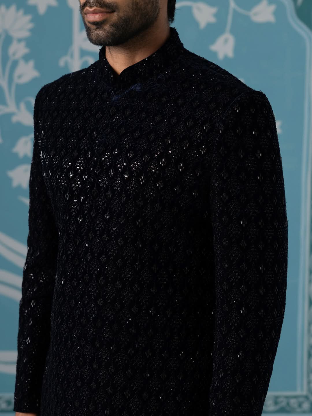 Blue Velvet Embroidered Short Indo Set