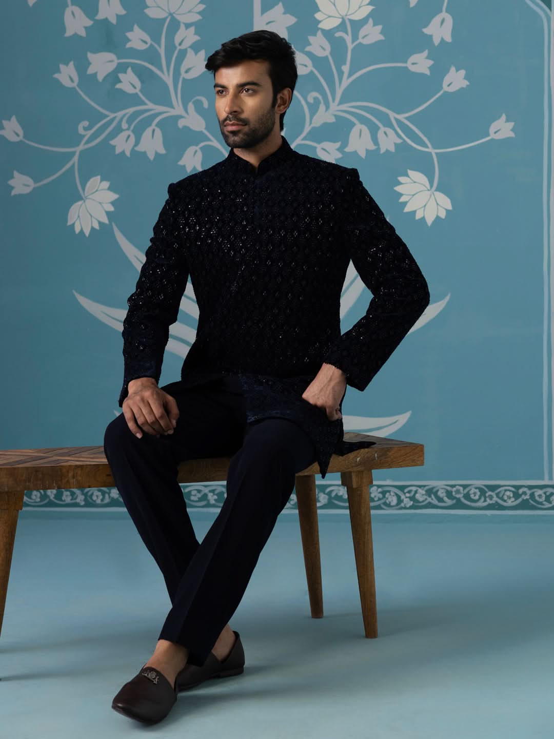 Blue Velvet Embroidered Short Indo Set