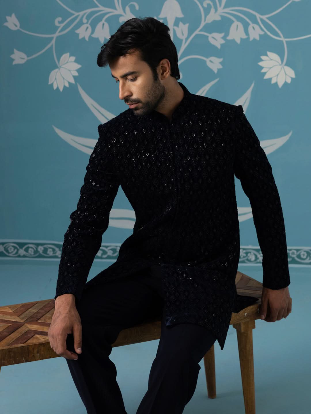 Blue Velvet Embroidered Short Indo Set