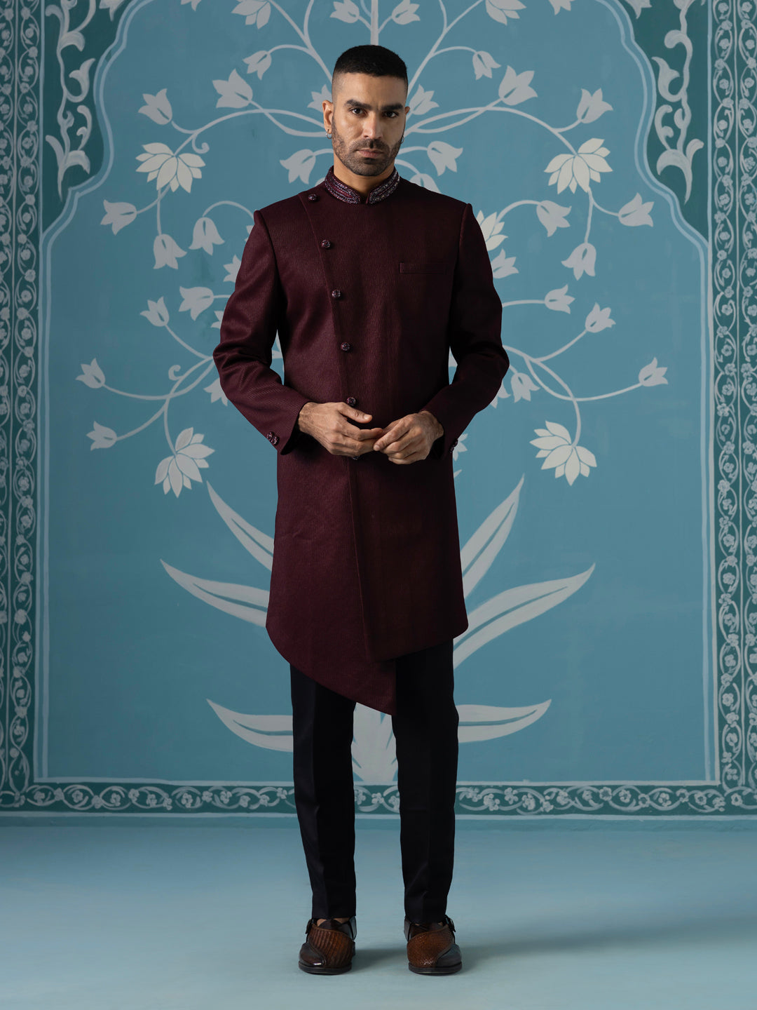 Maroon angrakha embroidered Indo set