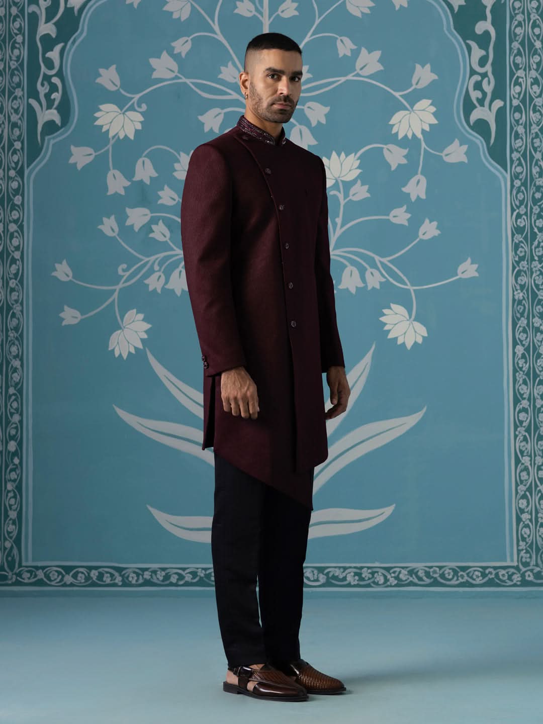 Maroon angrakha embroidered Indo set