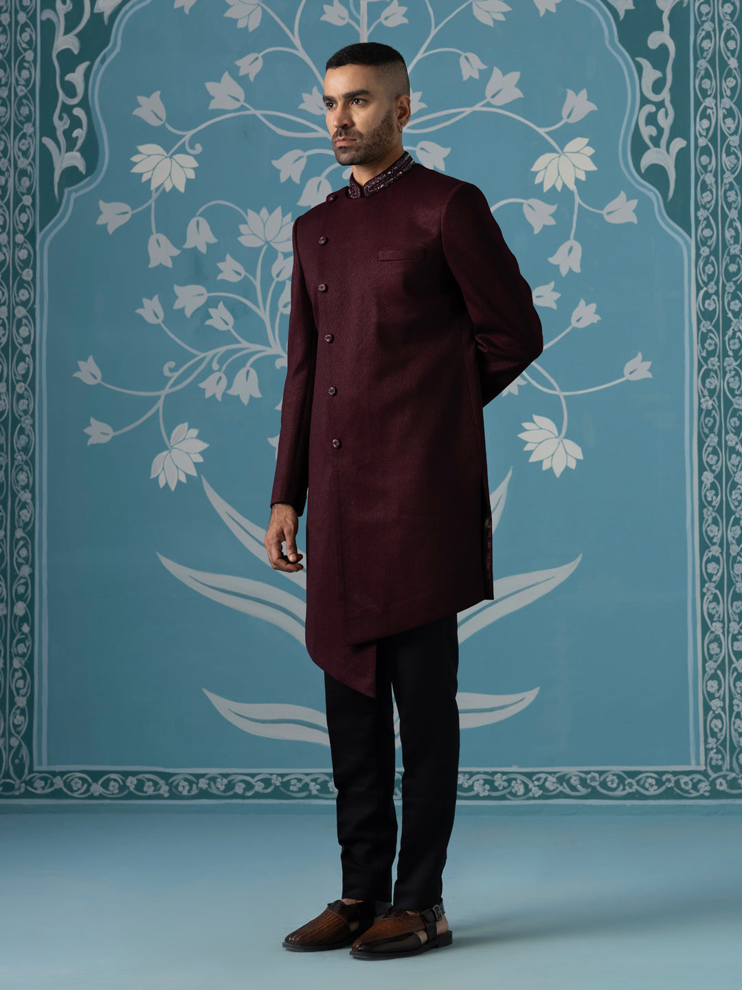 Maroon angrakha embroidered Indo set
