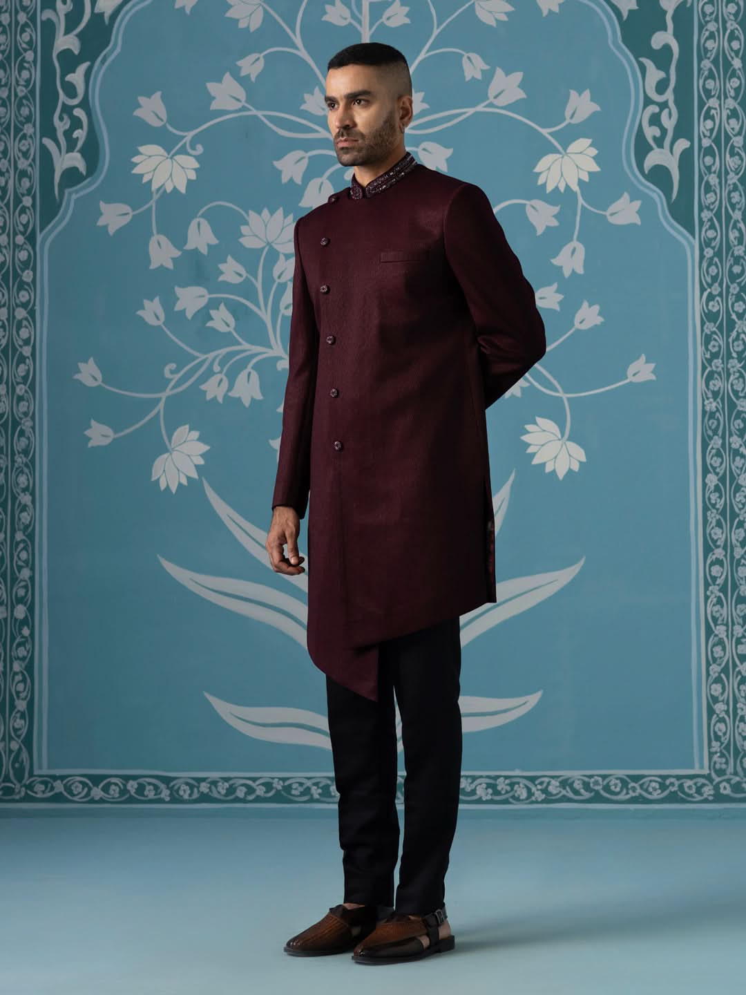 Maroon angrakha embroidered Indo set
