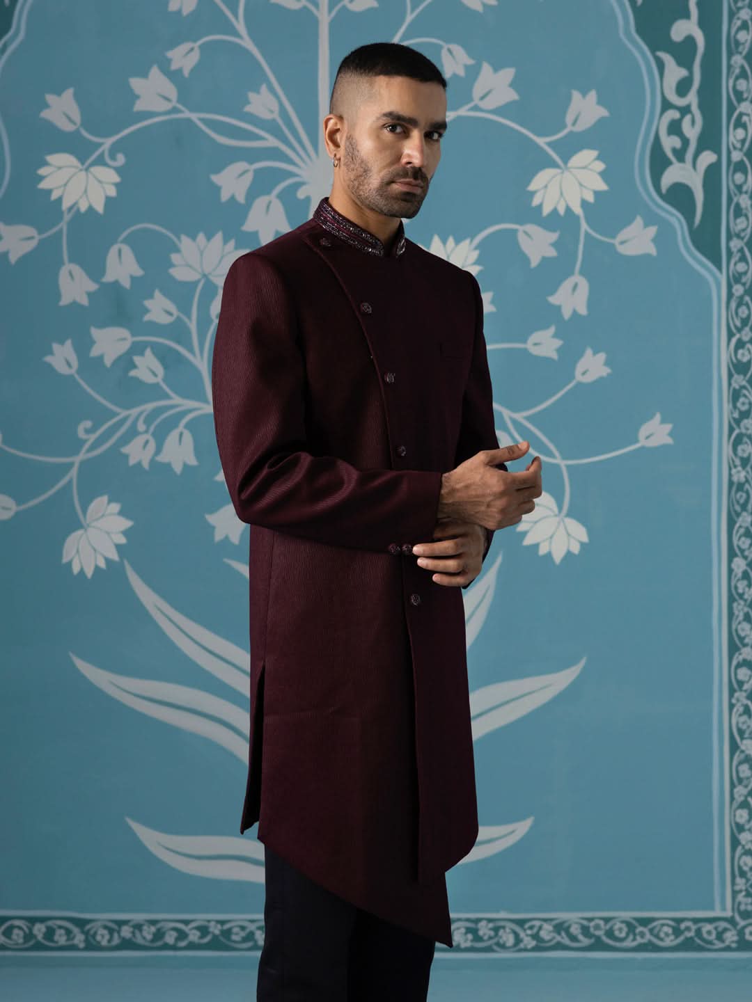 Maroon angrakha embroidered Indo set