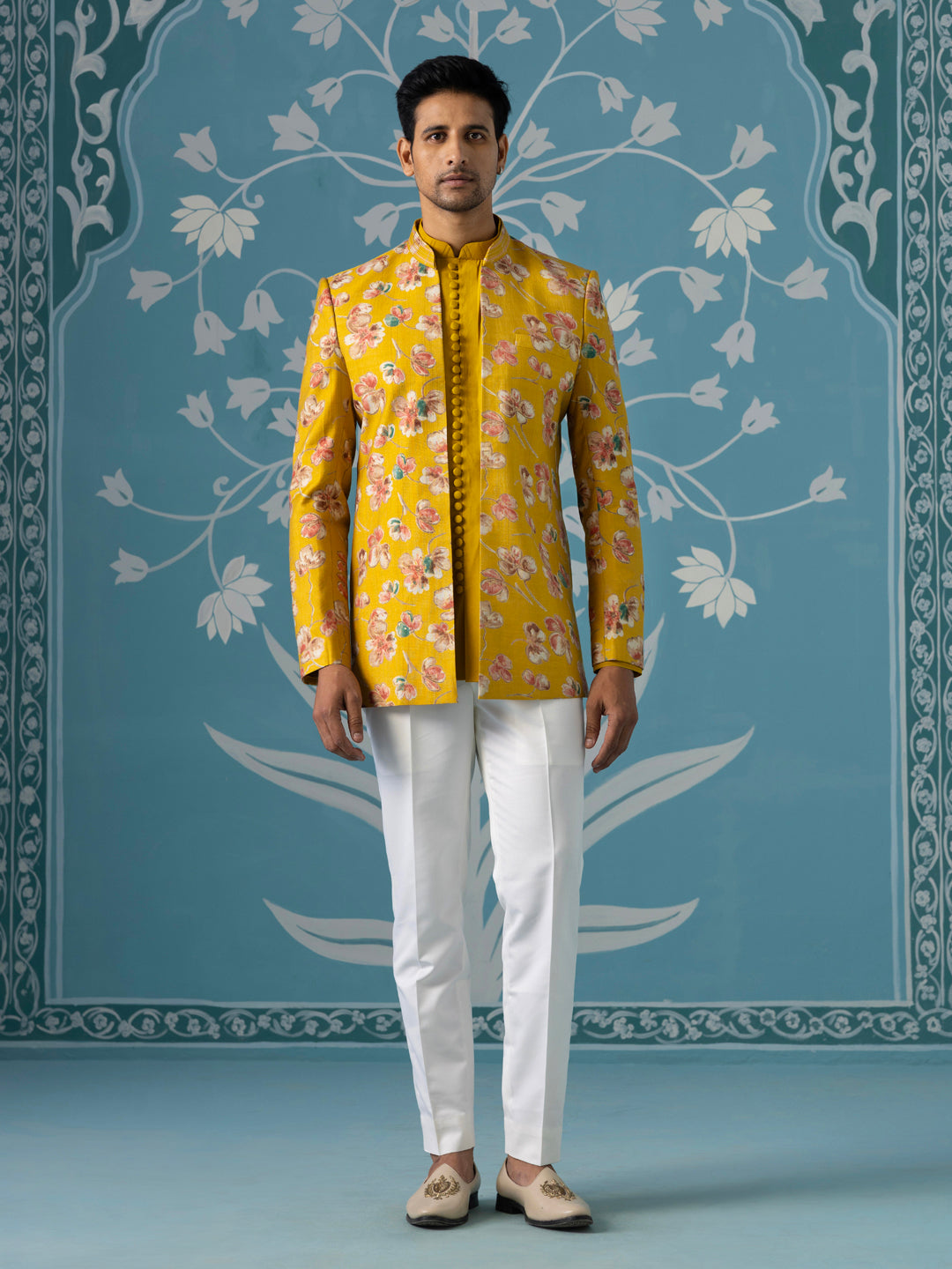 Mustard Floral Bandhgala Jacket Set