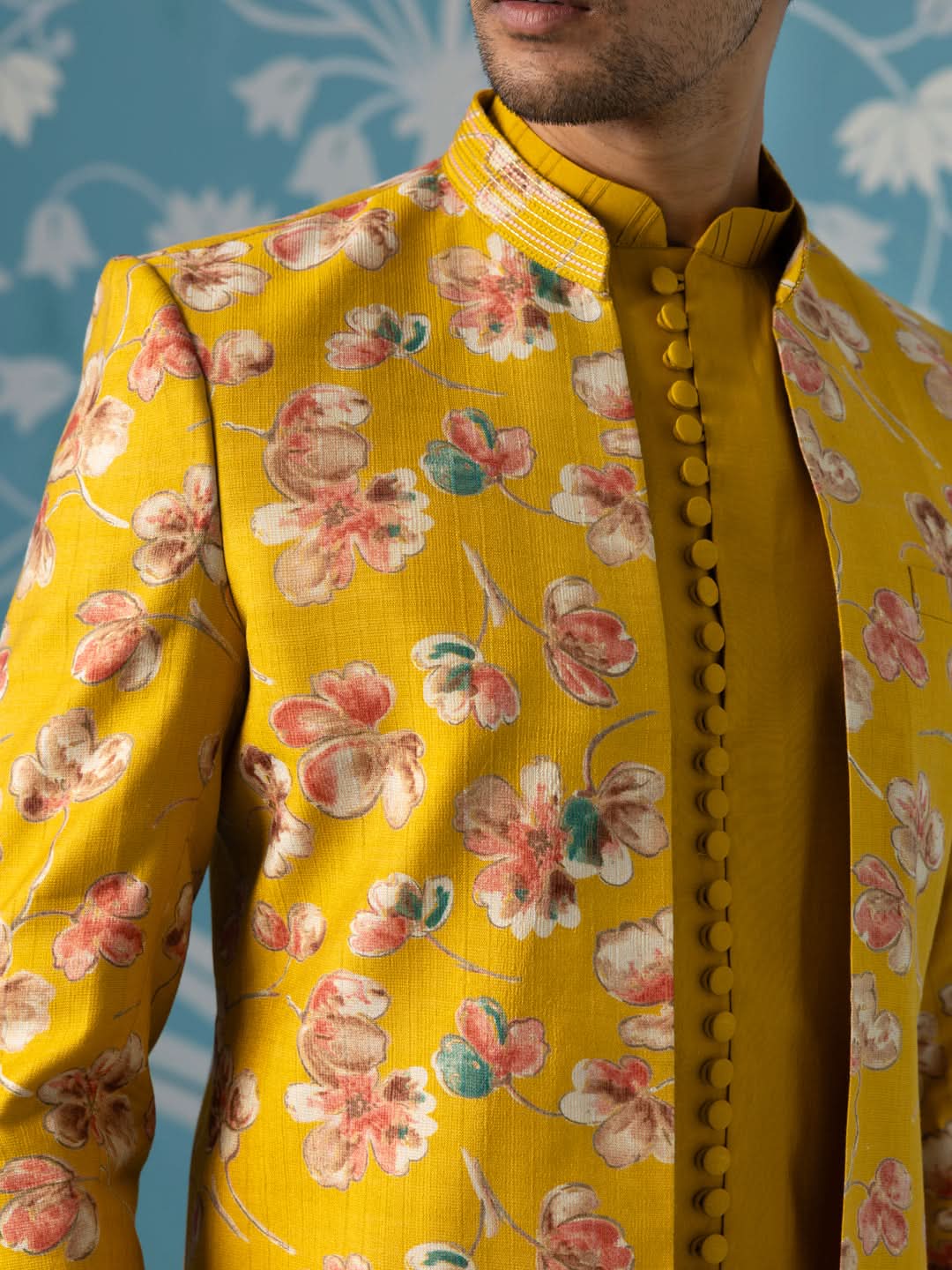 Mustard Floral Bandhgala Jacket Set