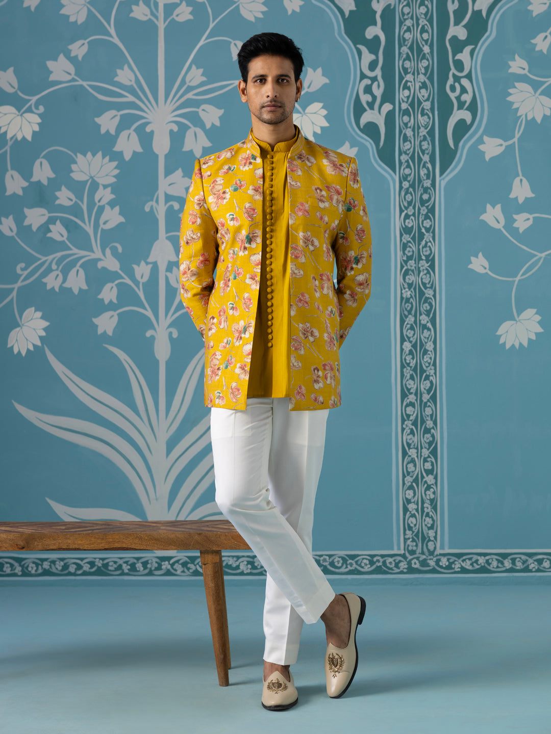 Mustard Floral Bandhgala Jacket Set