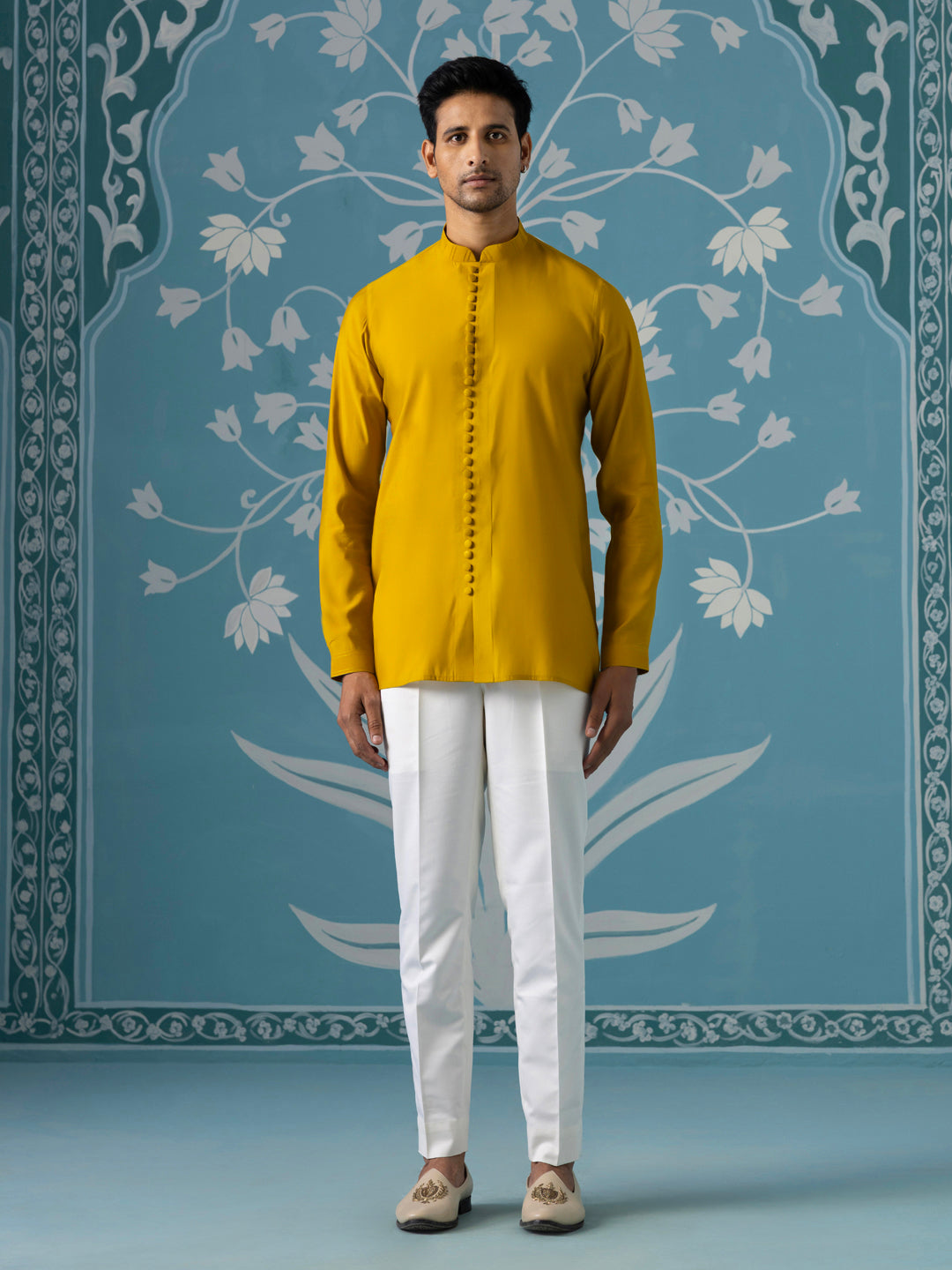 Mustard Floral Bandhgala Jacket Set