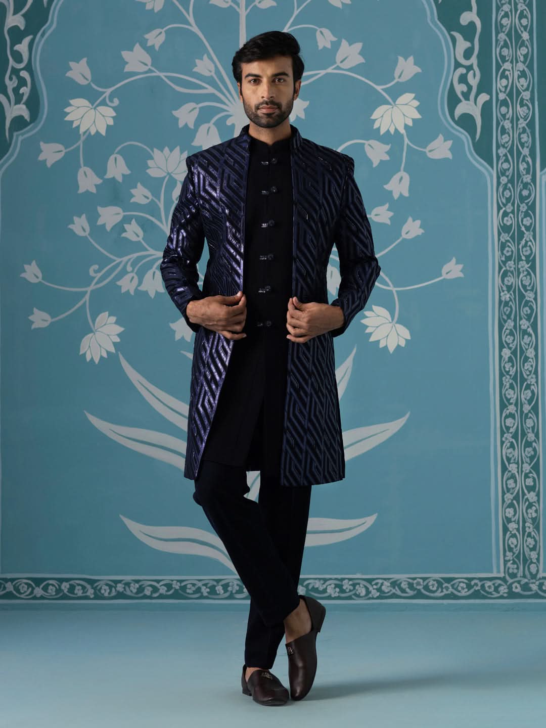 Dark blue close neck sherwani set