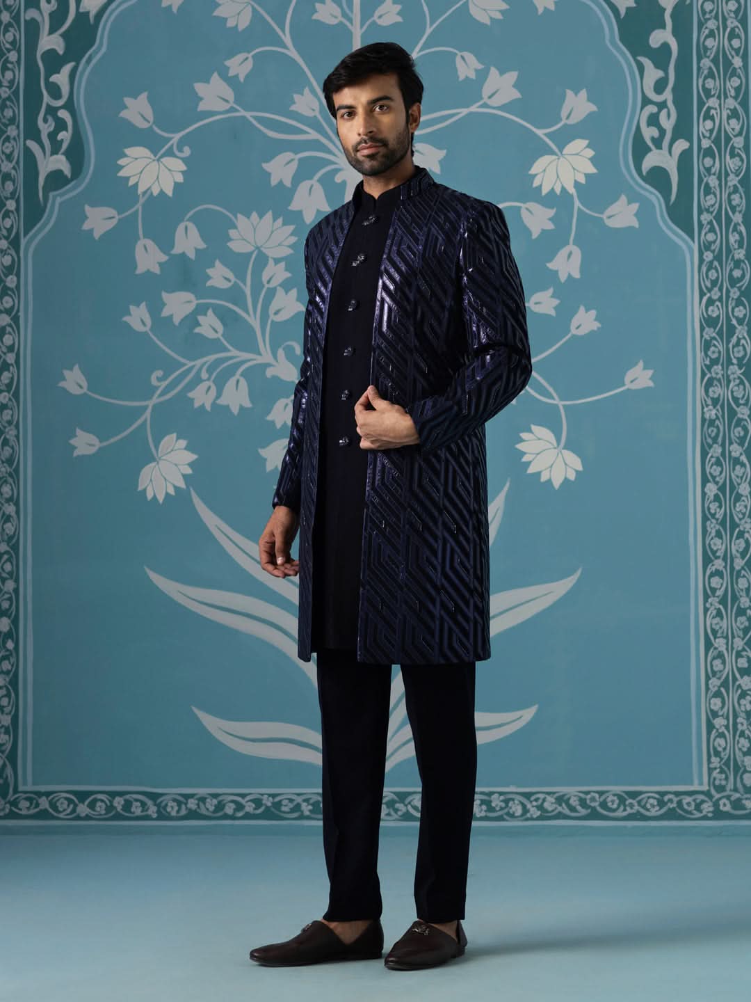 Dark blue close neck sherwani set