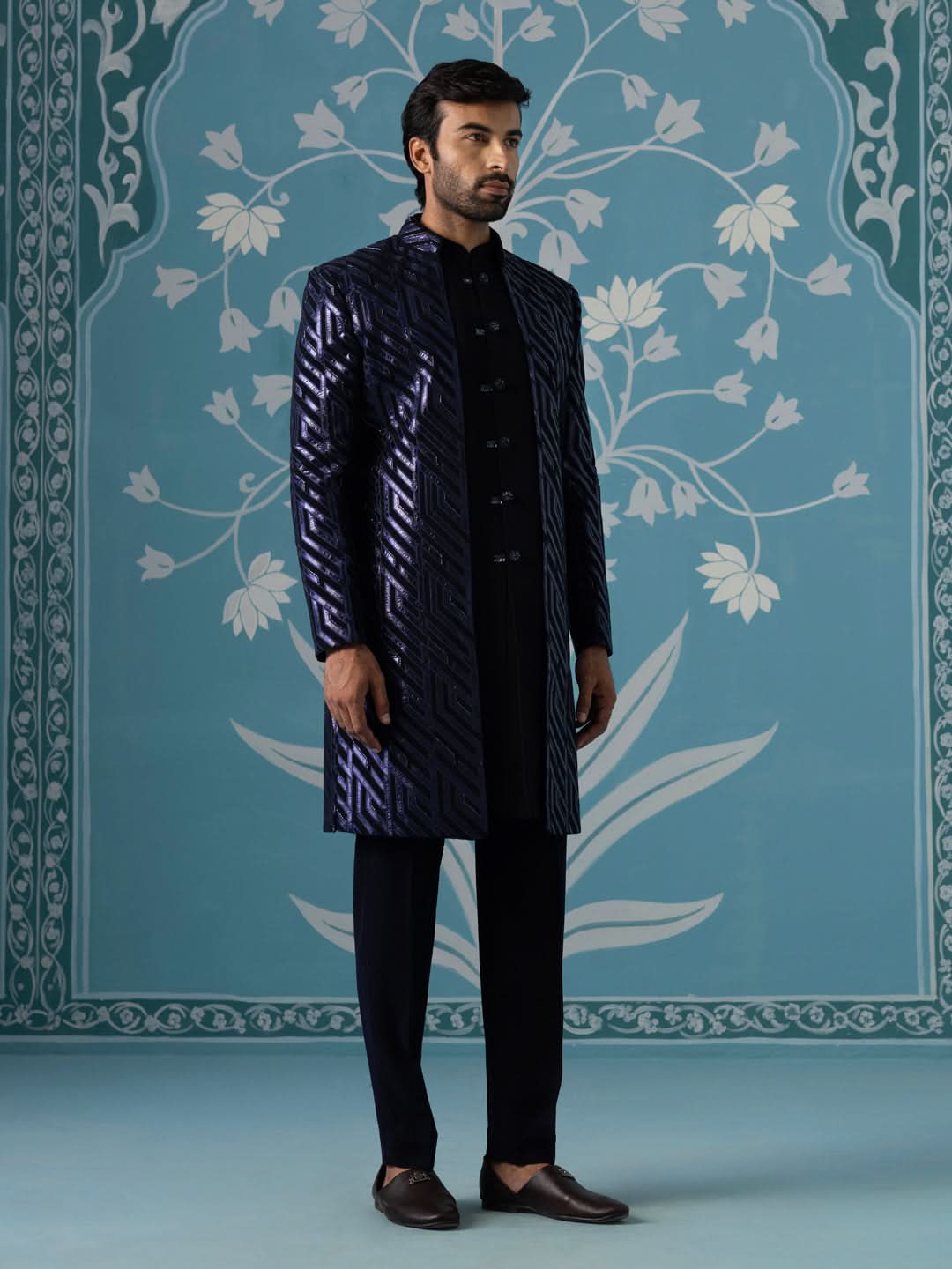 Dark blue close neck sherwani set