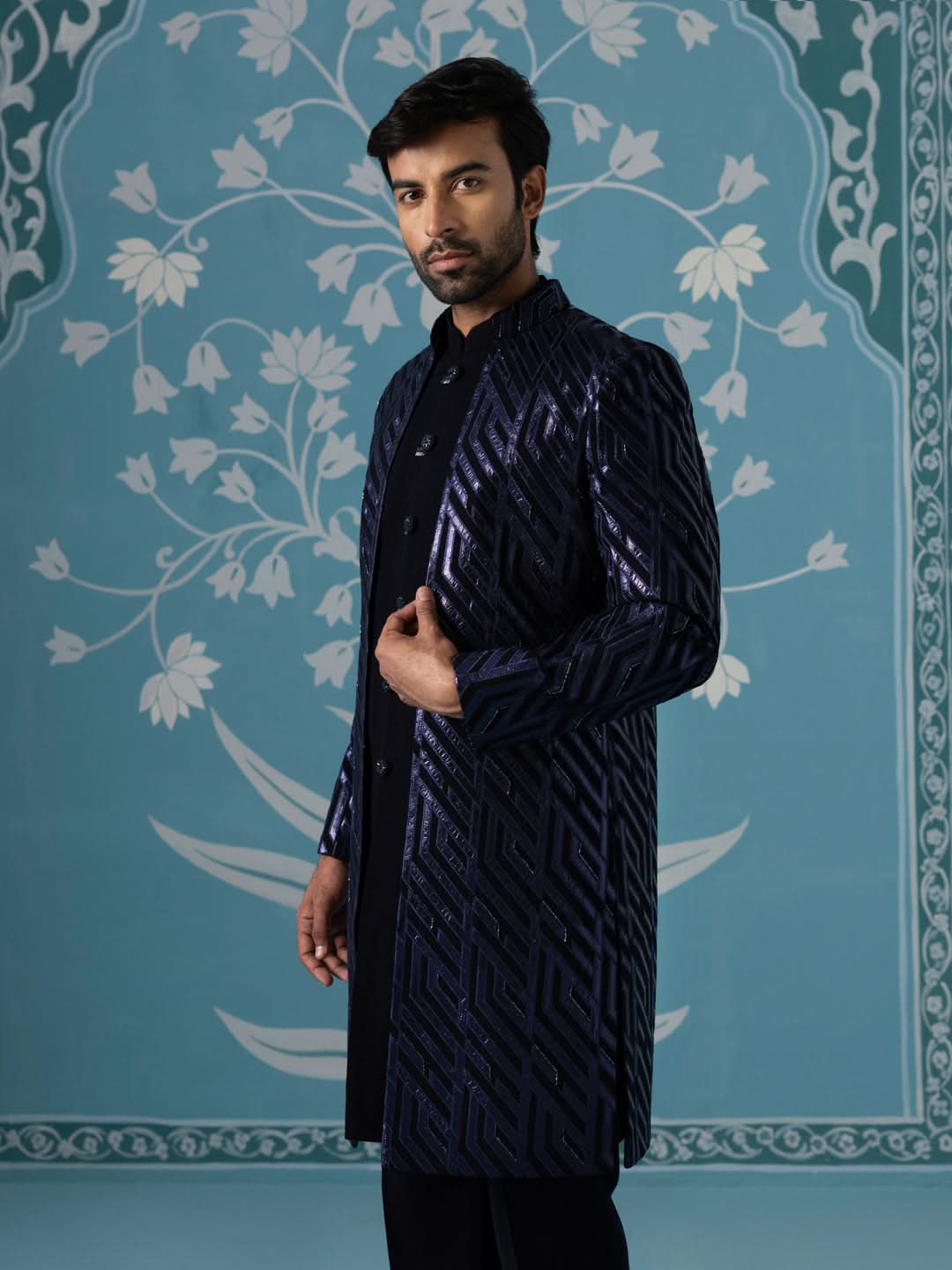 Dark blue close neck sherwani set