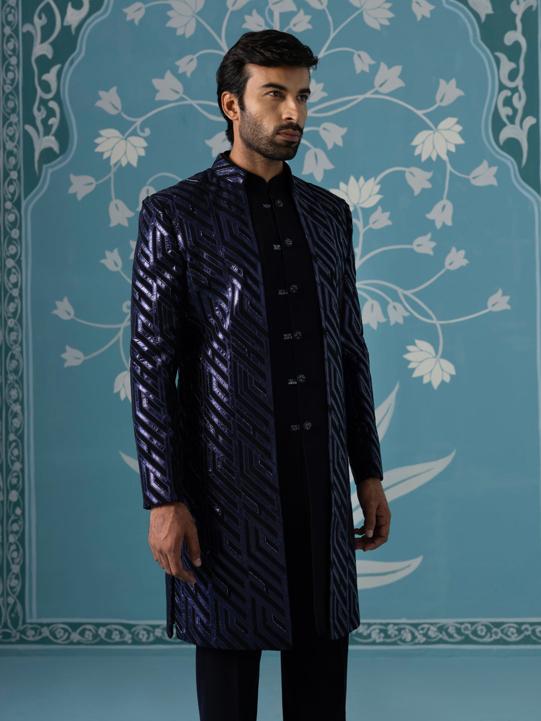 Dark blue close neck sherwani set