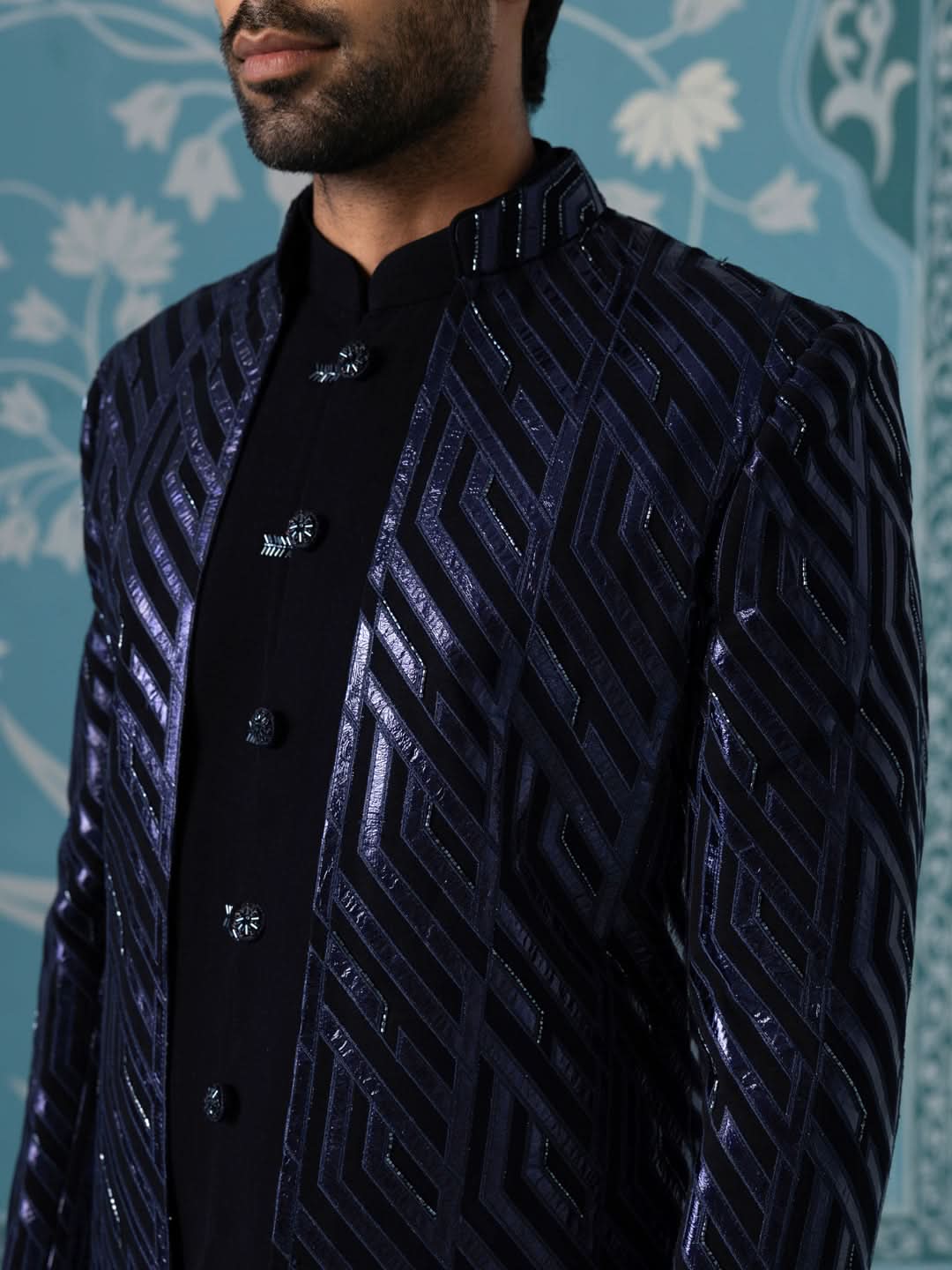 Dark blue close neck sherwani set