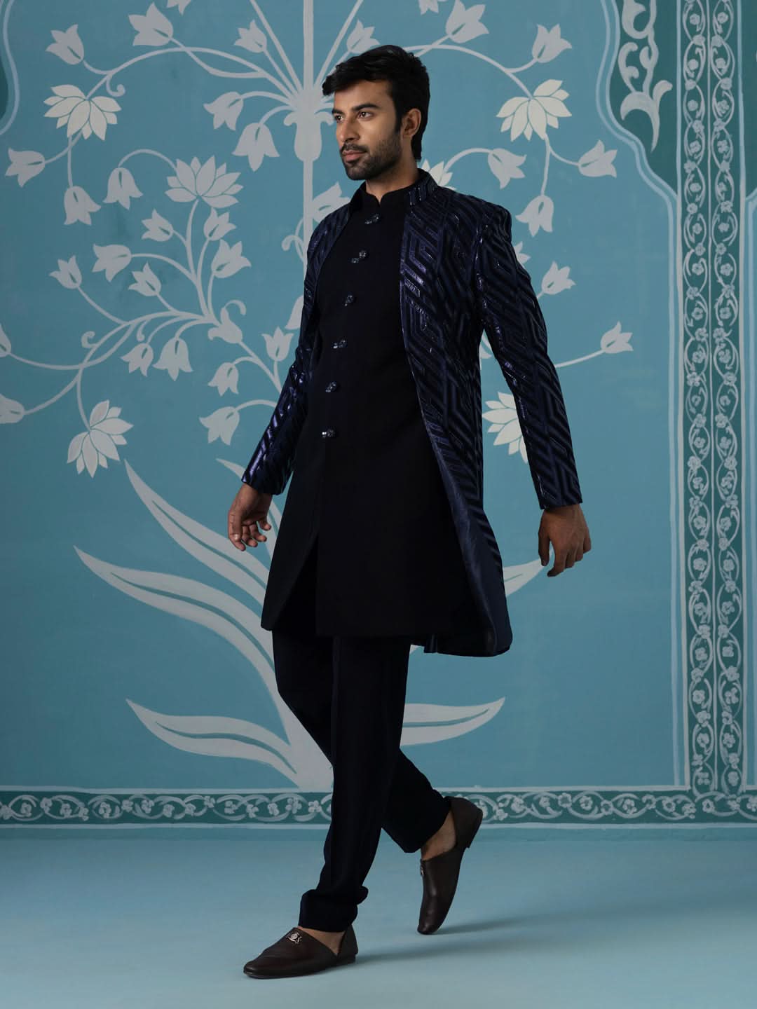 Dark blue close neck sherwani set