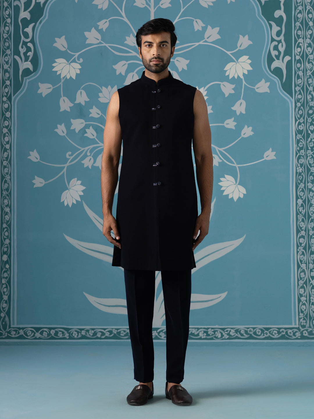 Dark blue close neck sherwani set