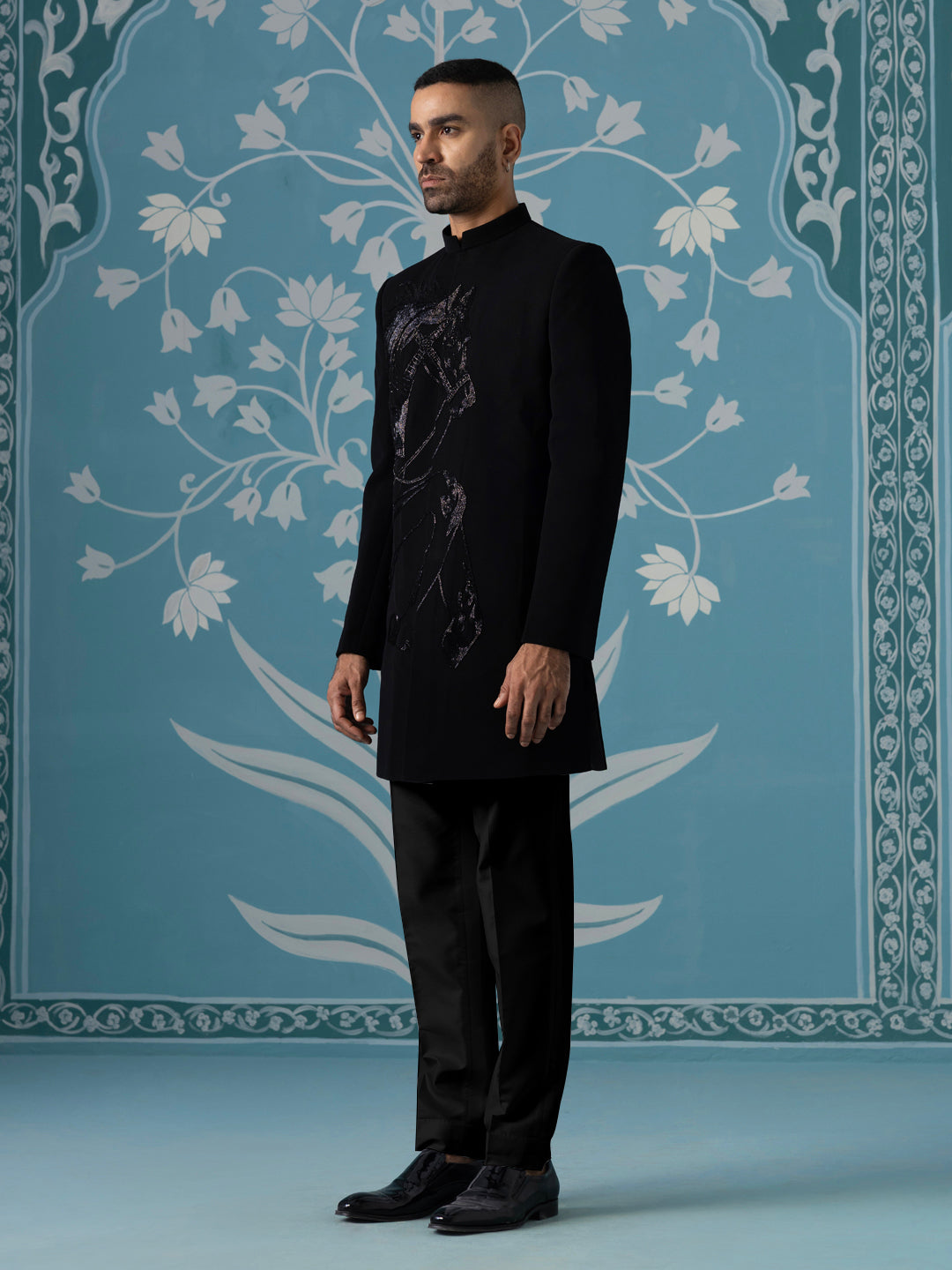 Horse embroidered black indo pant set