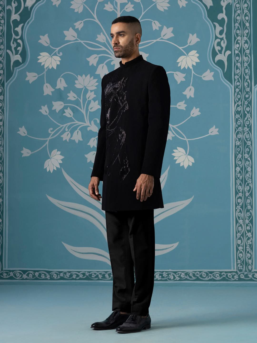 Horse embroidered black indo pant set