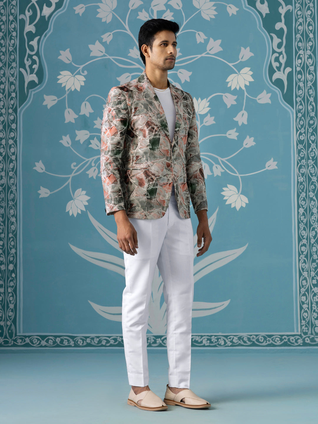 Printed Blazer with Intricate Thread Embroidery