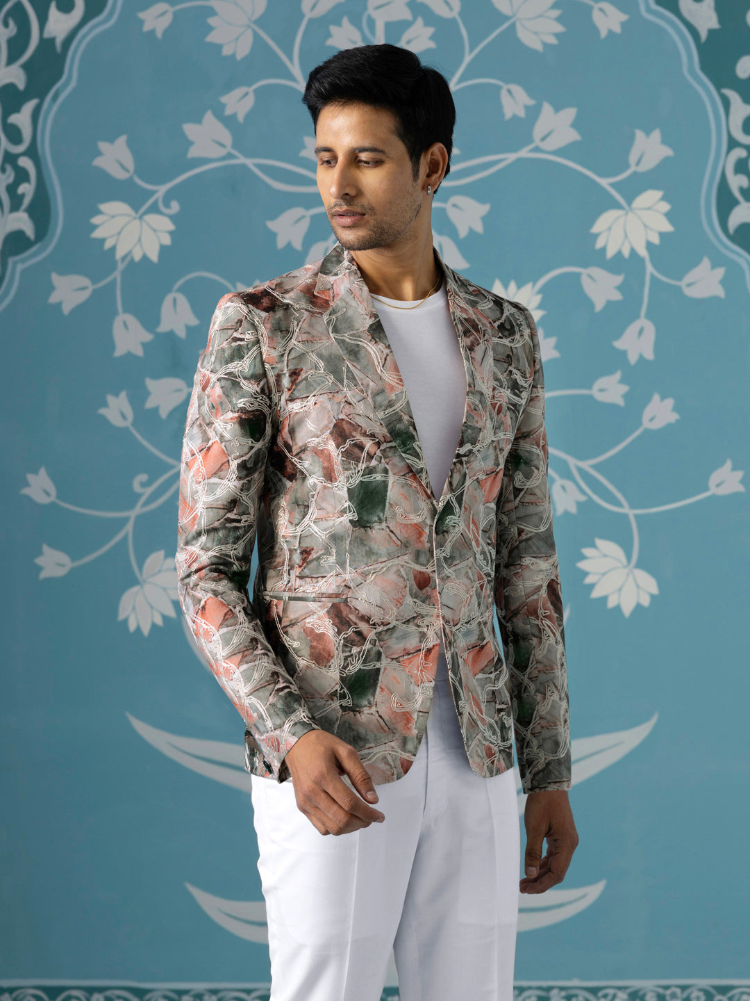 Printed Blazer with Intricate Thread Embroidery
