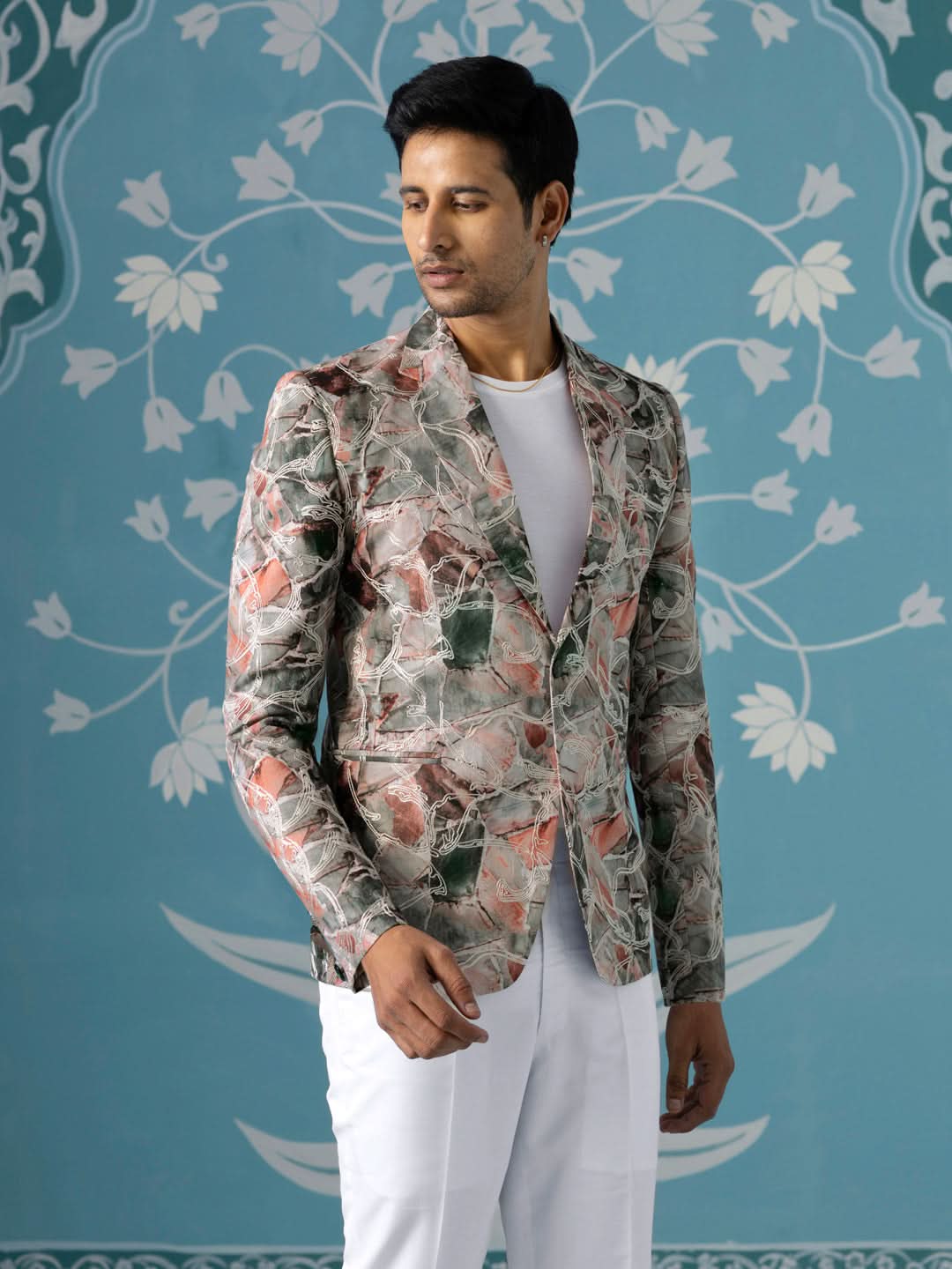Printed Blazer with Intricate Thread Embroidery