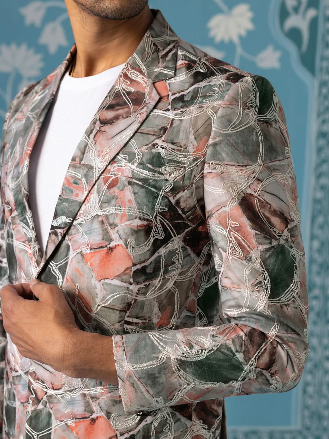 Printed Blazer with Intricate Thread Embroidery