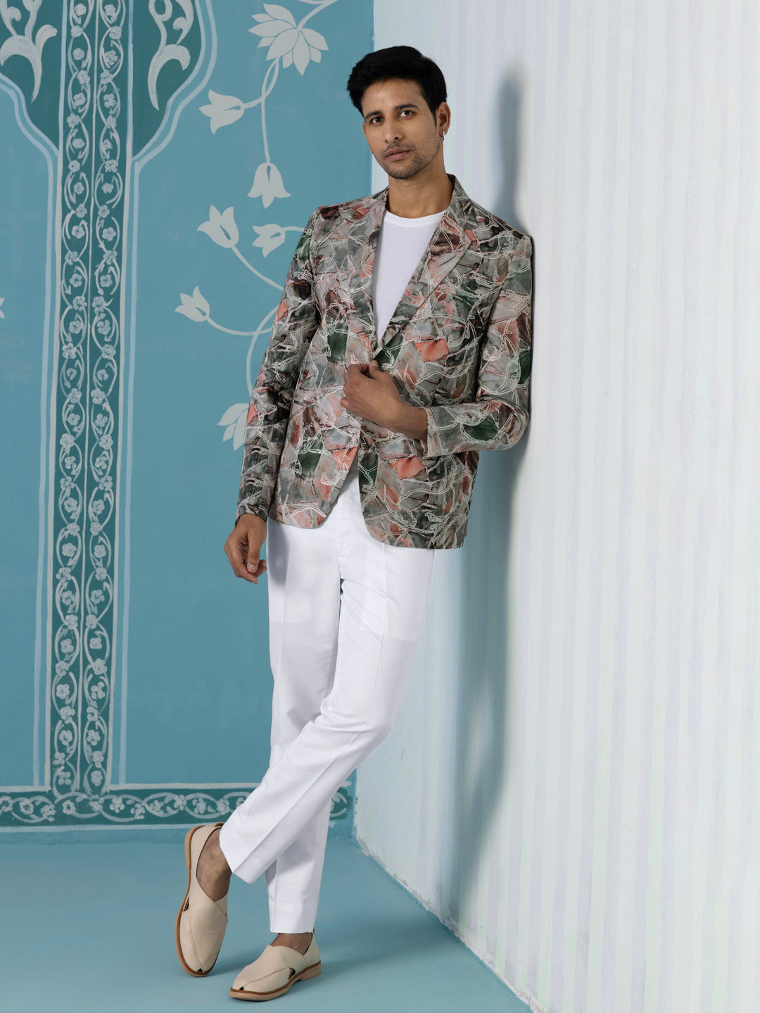 Printed Blazer with Intricate Thread Embroidery