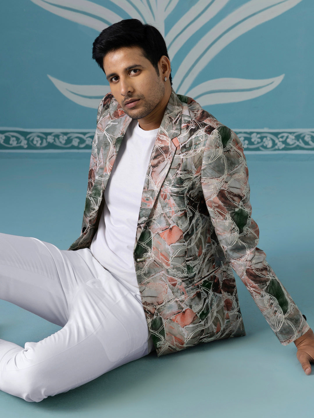 Printed Blazer with Intricate Thread Embroidery