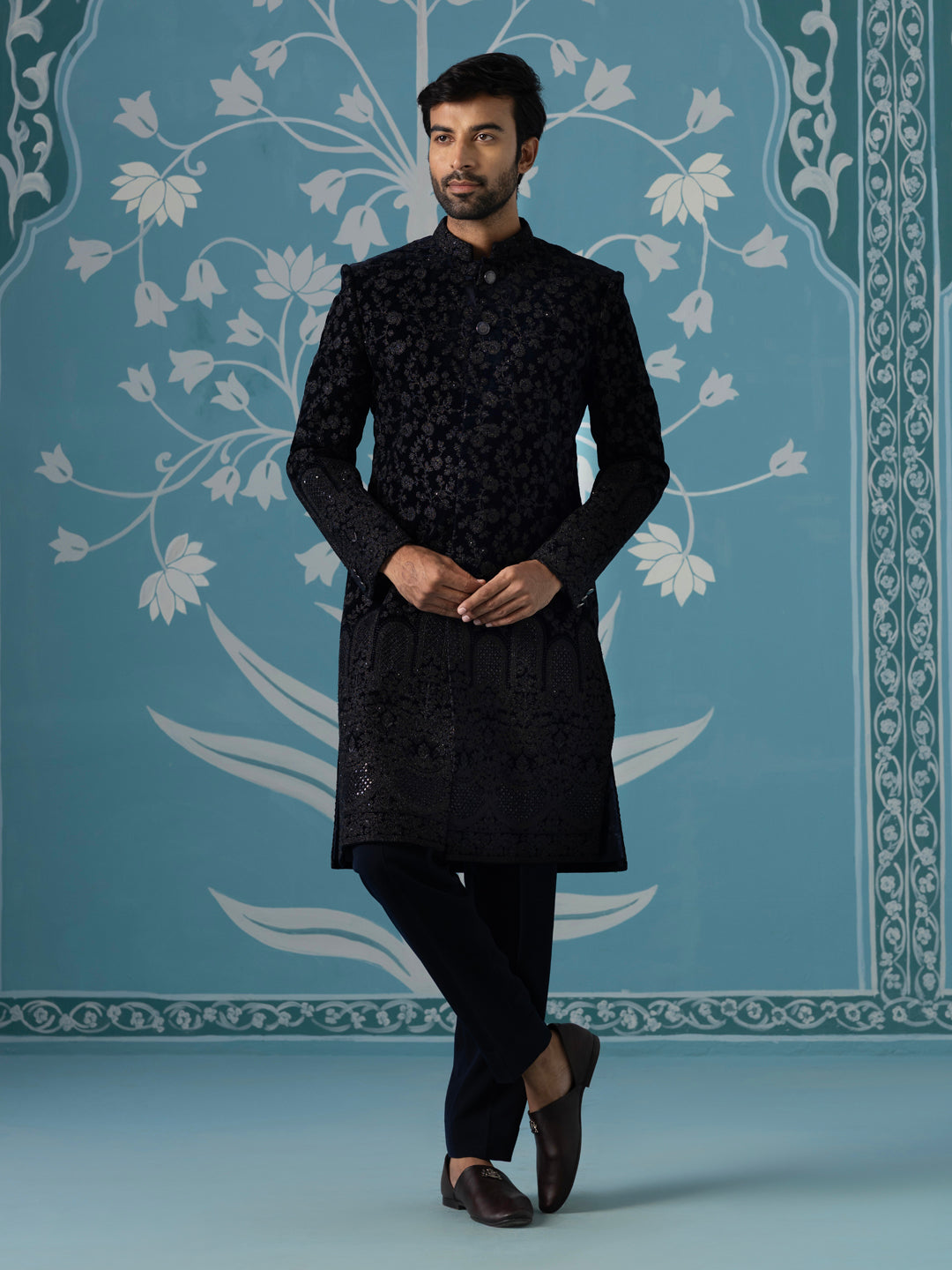 Black Velvet Western-Style Sherwani with Computer & Hand Embroidery Set