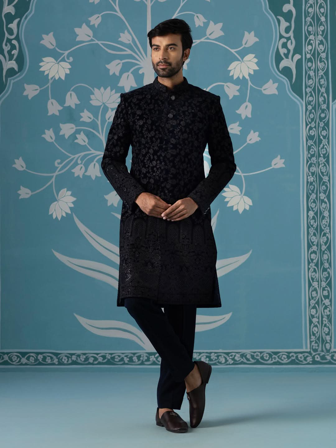 Black Velvet Western-Style Sherwani with Computer & Hand Embroidery Set