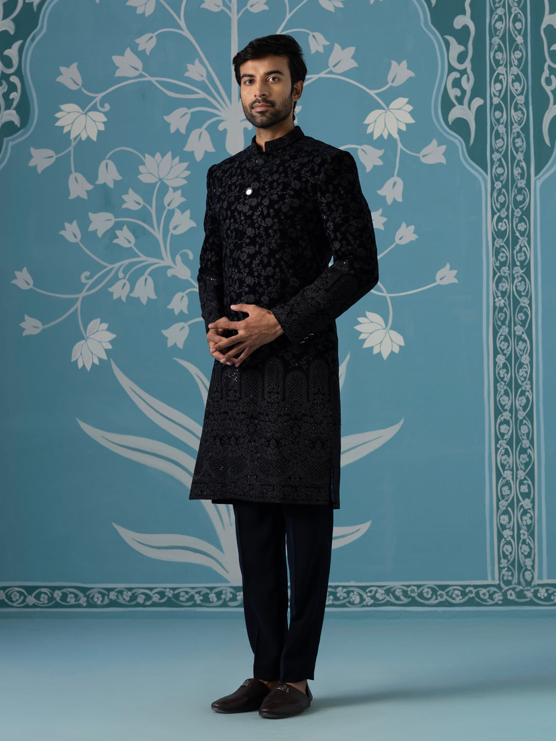Black Velvet Western-Style Sherwani with Computer & Hand Embroidery Set