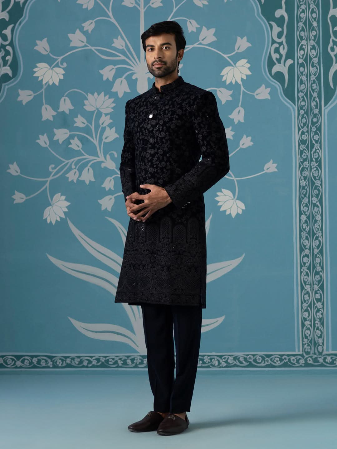 Black Velvet Western-Style Sherwani with Computer & Hand Embroidery Set