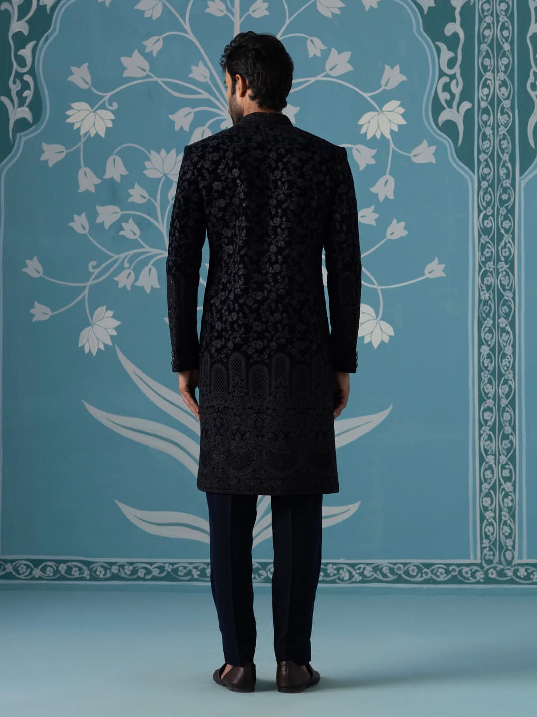 Black Velvet Western-Style Sherwani with Computer & Hand Embroidery Set