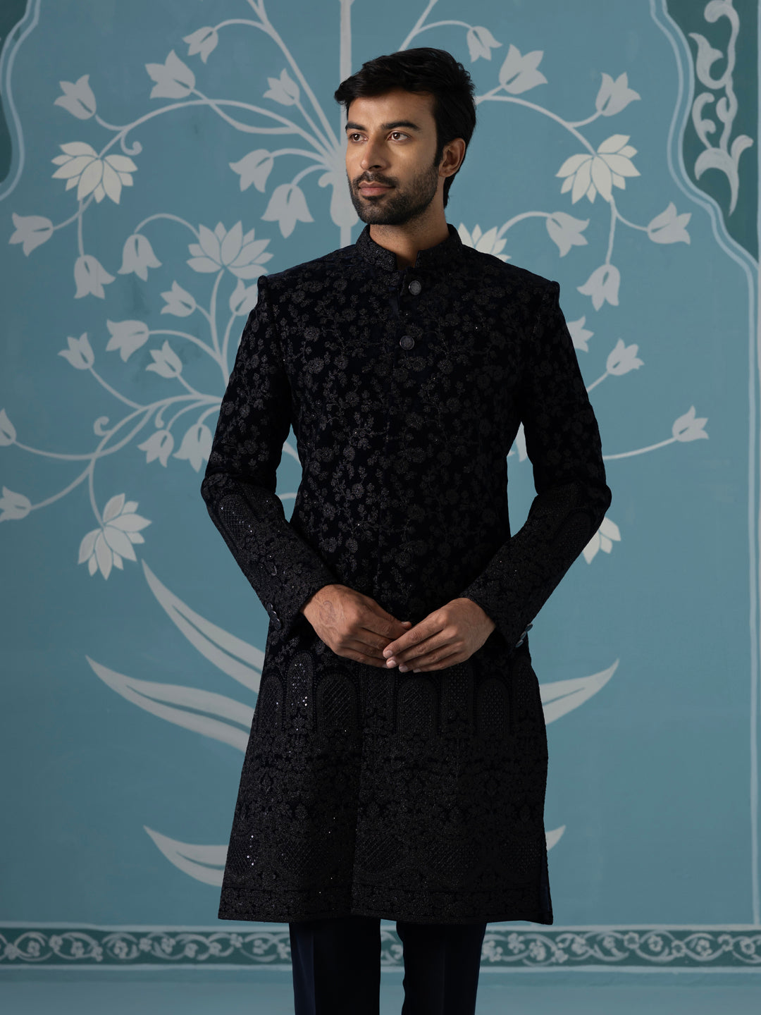 Black Velvet Western-Style Sherwani with Computer & Hand Embroidery Set