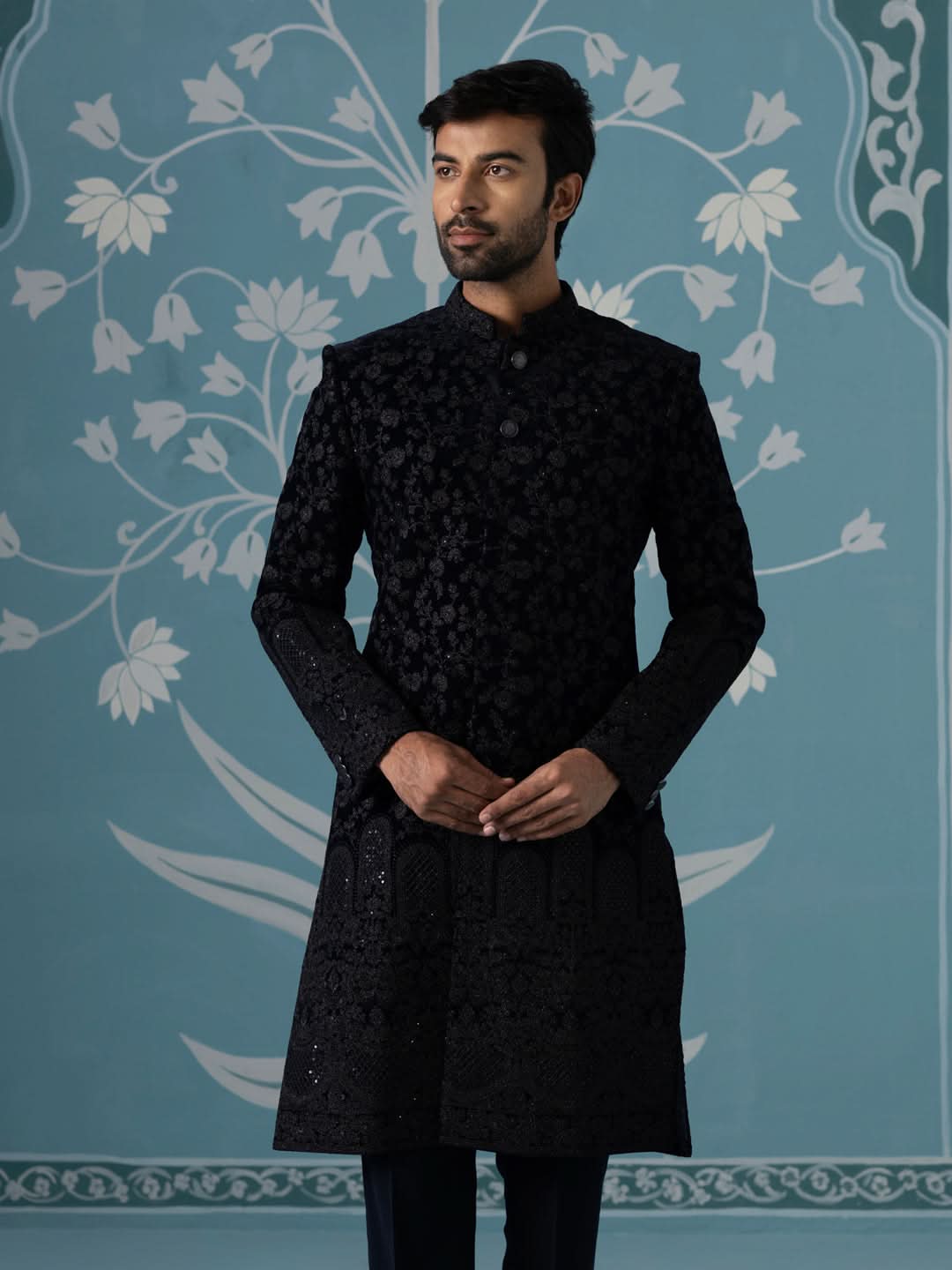 Black Velvet Western-Style Sherwani with Computer & Hand Embroidery Set