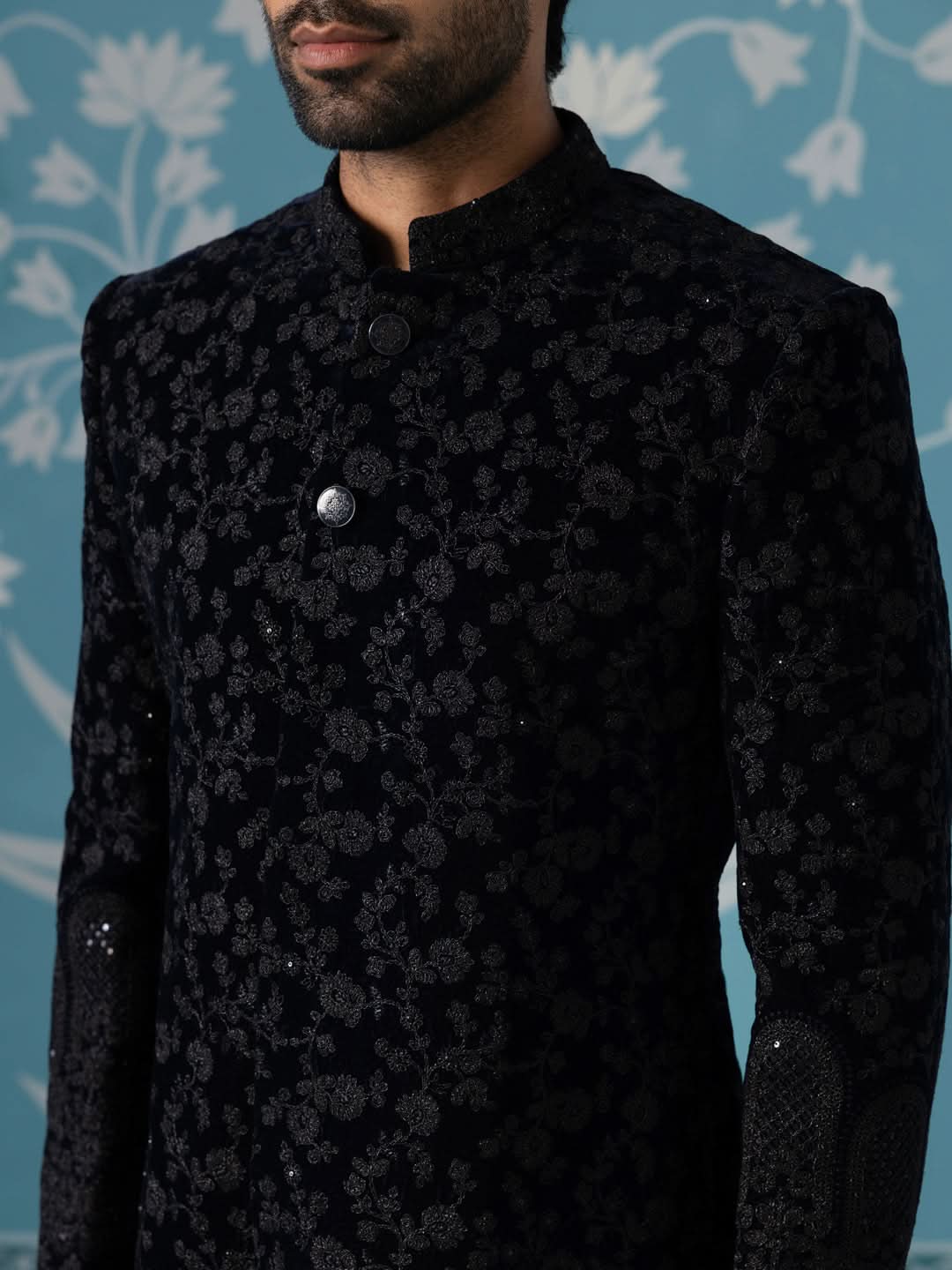 Black Velvet Western-Style Sherwani with Computer & Hand Embroidery Set