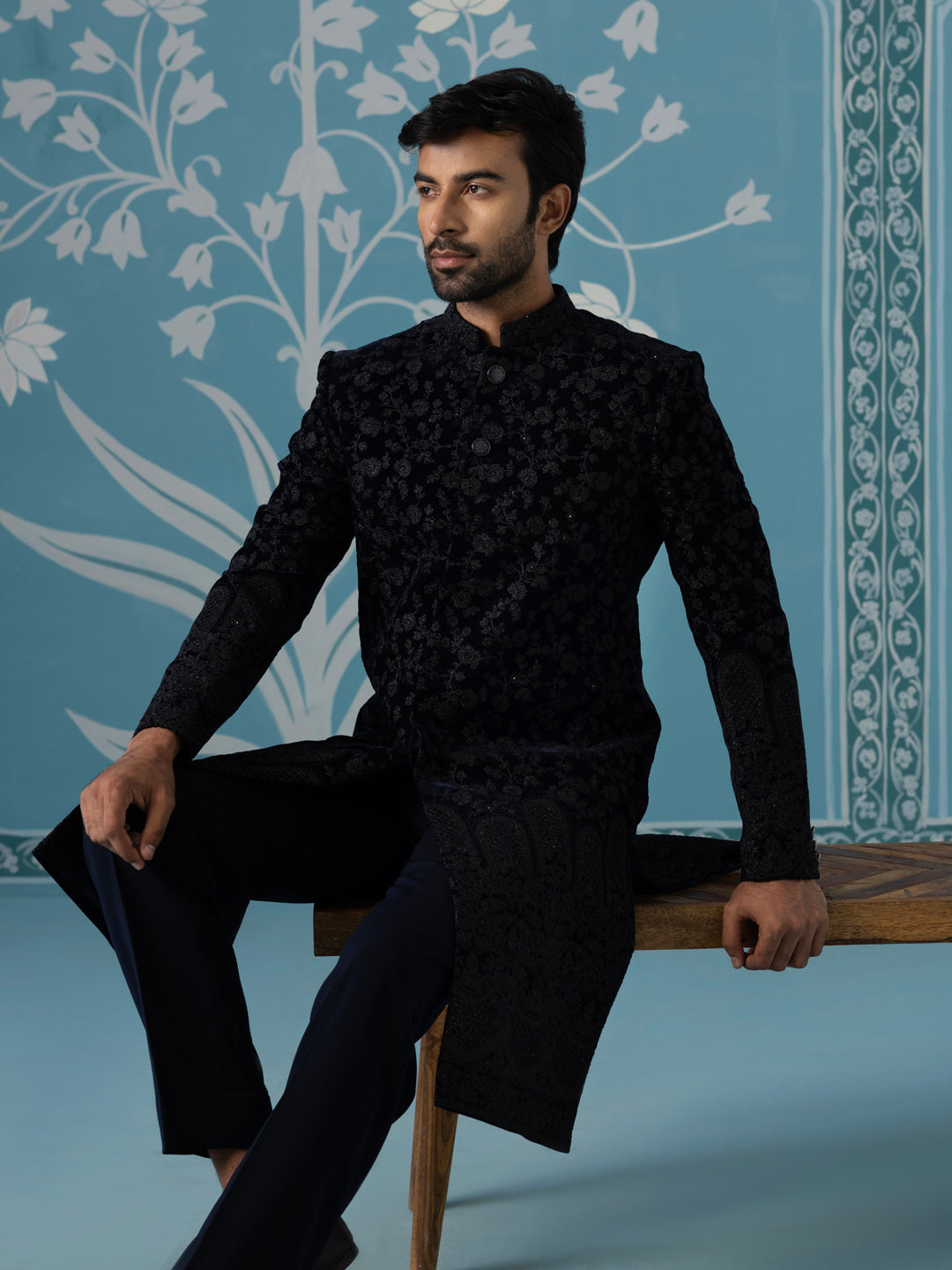 Black Velvet Western-Style Sherwani with Computer & Hand Embroidery Set