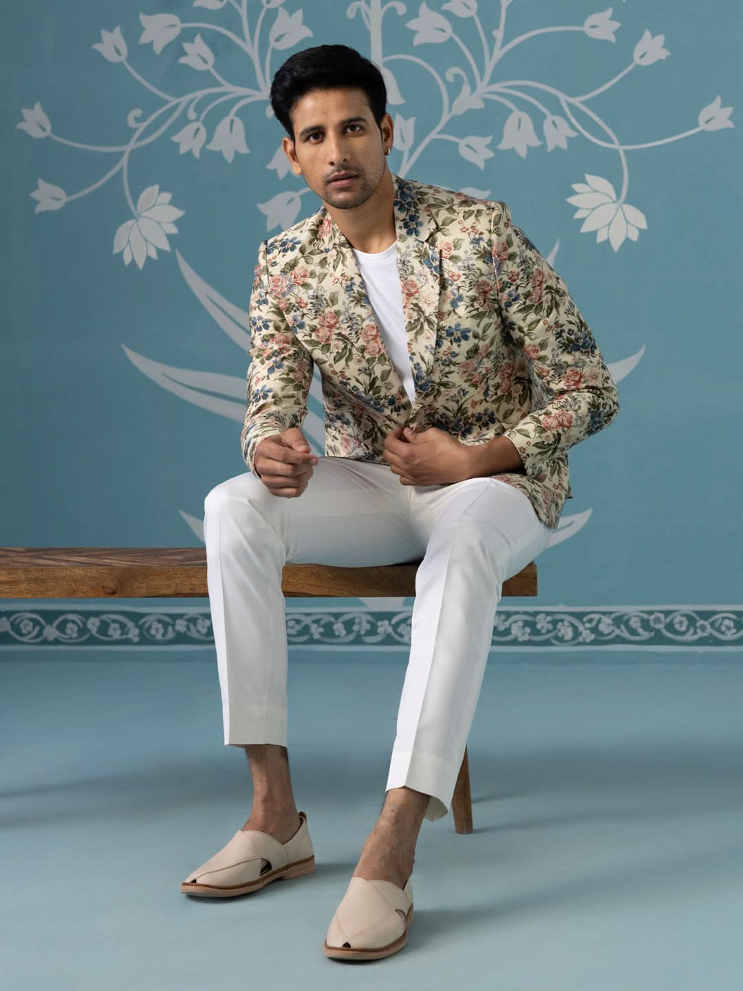 Beige Floral Printed Blazer Set