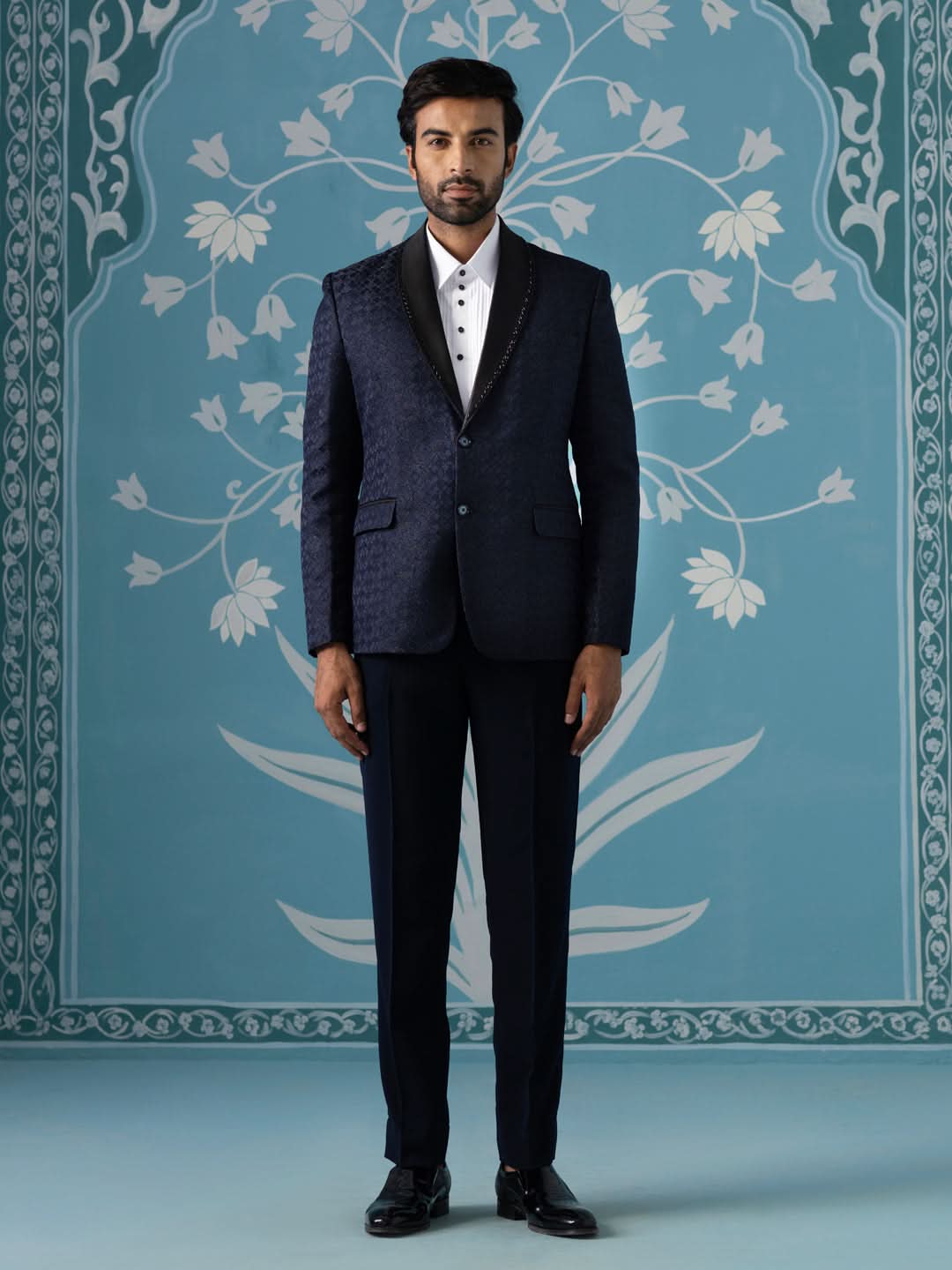 Navy Textured Blazer with Tuxedo Shirt