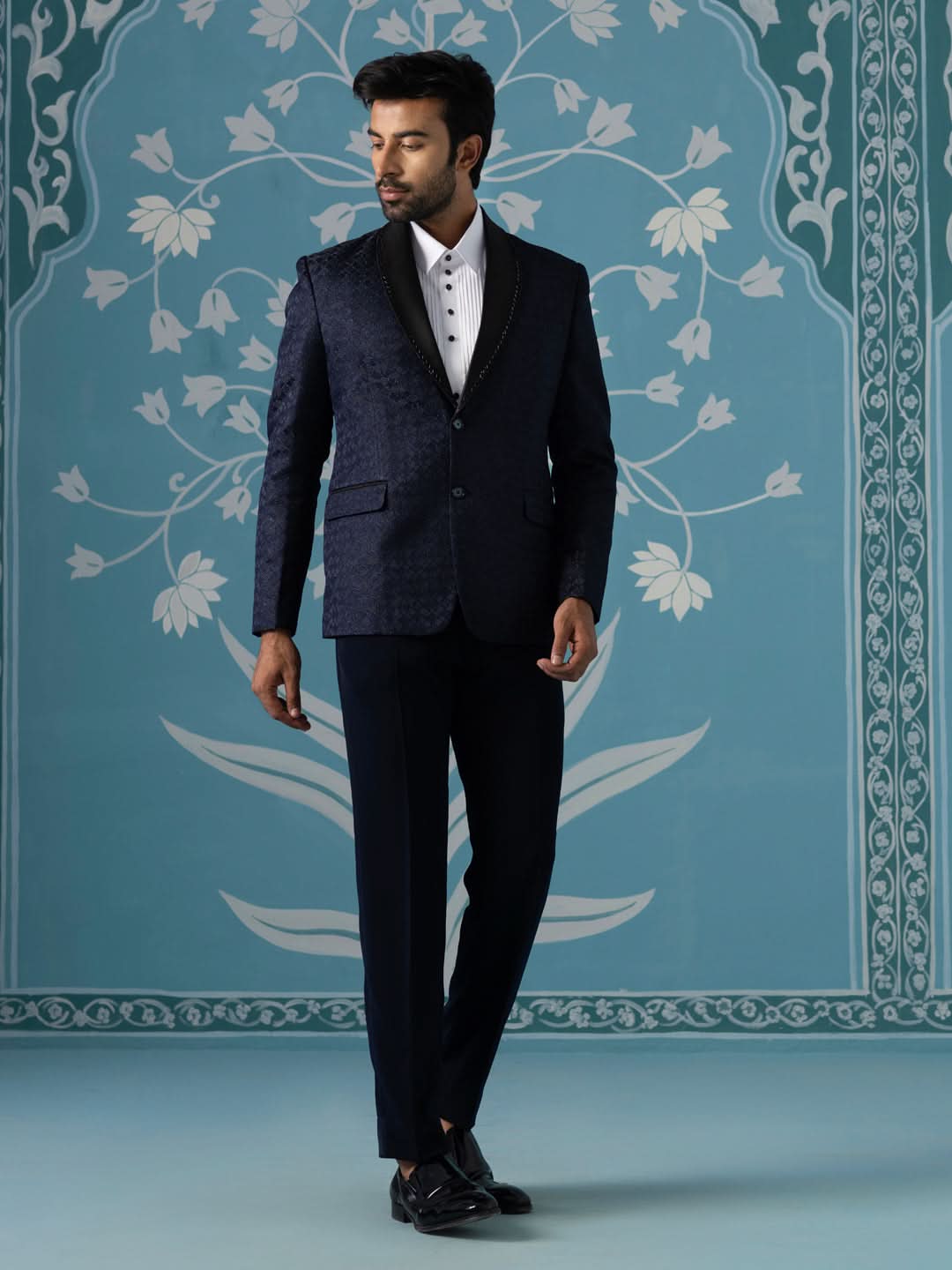 Navy Textured Blazer with Tuxedo Shirt