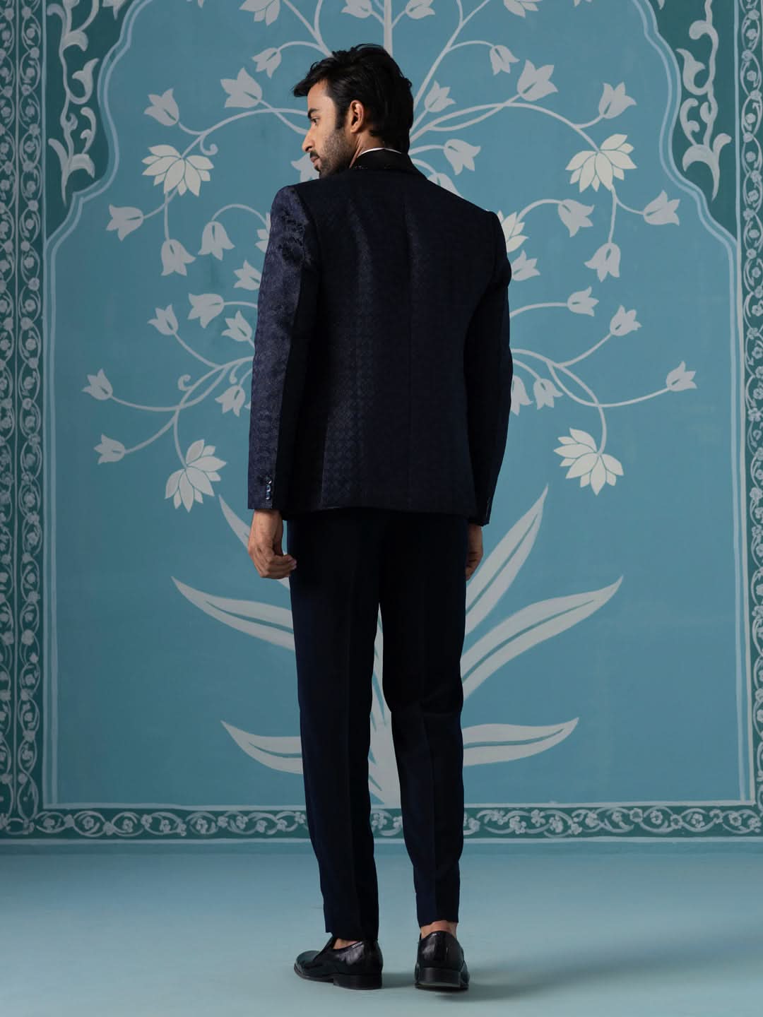 Navy Textured Blazer with Tuxedo Shirt