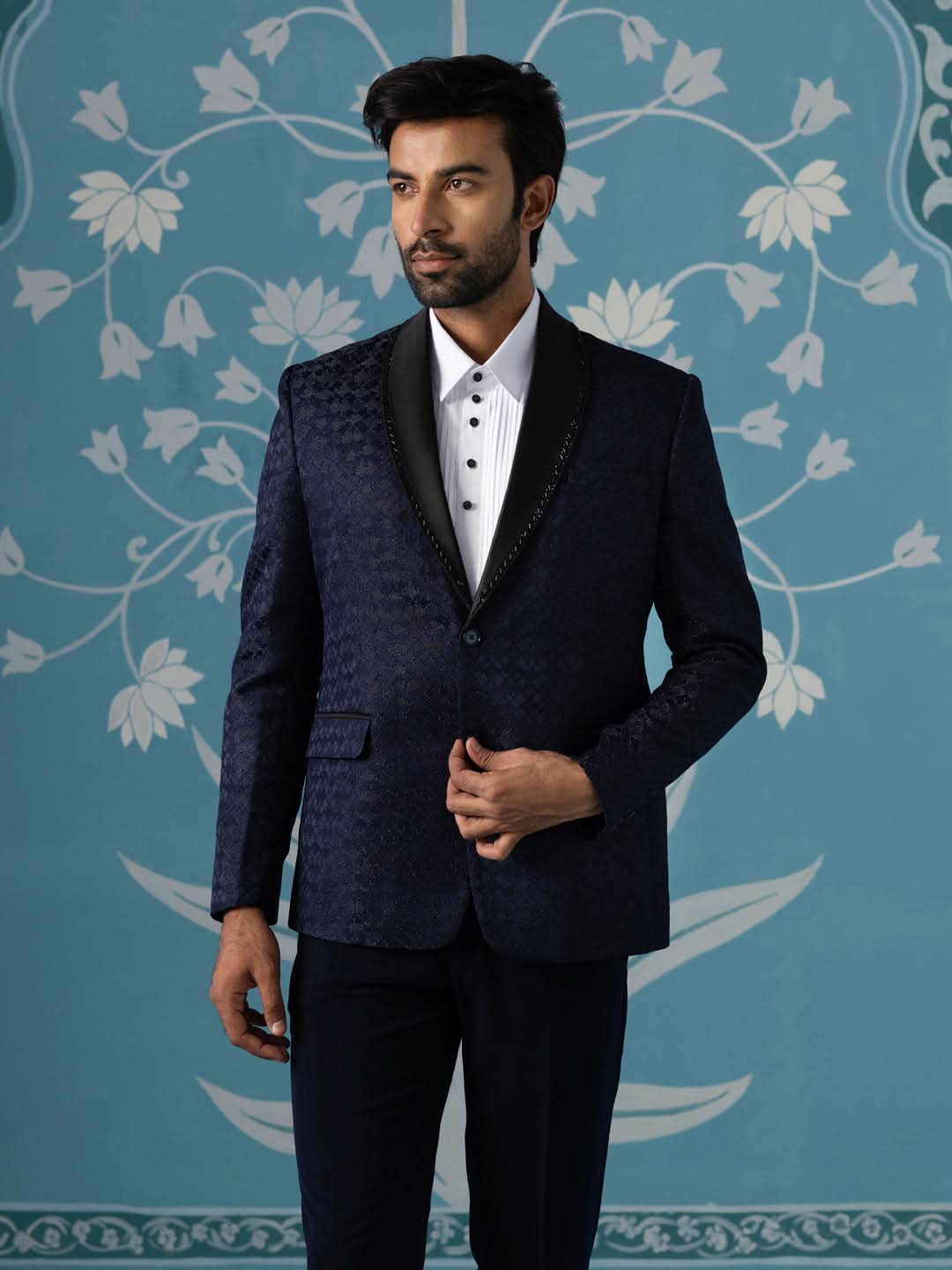 Navy Textured Blazer with Tuxedo Shirt