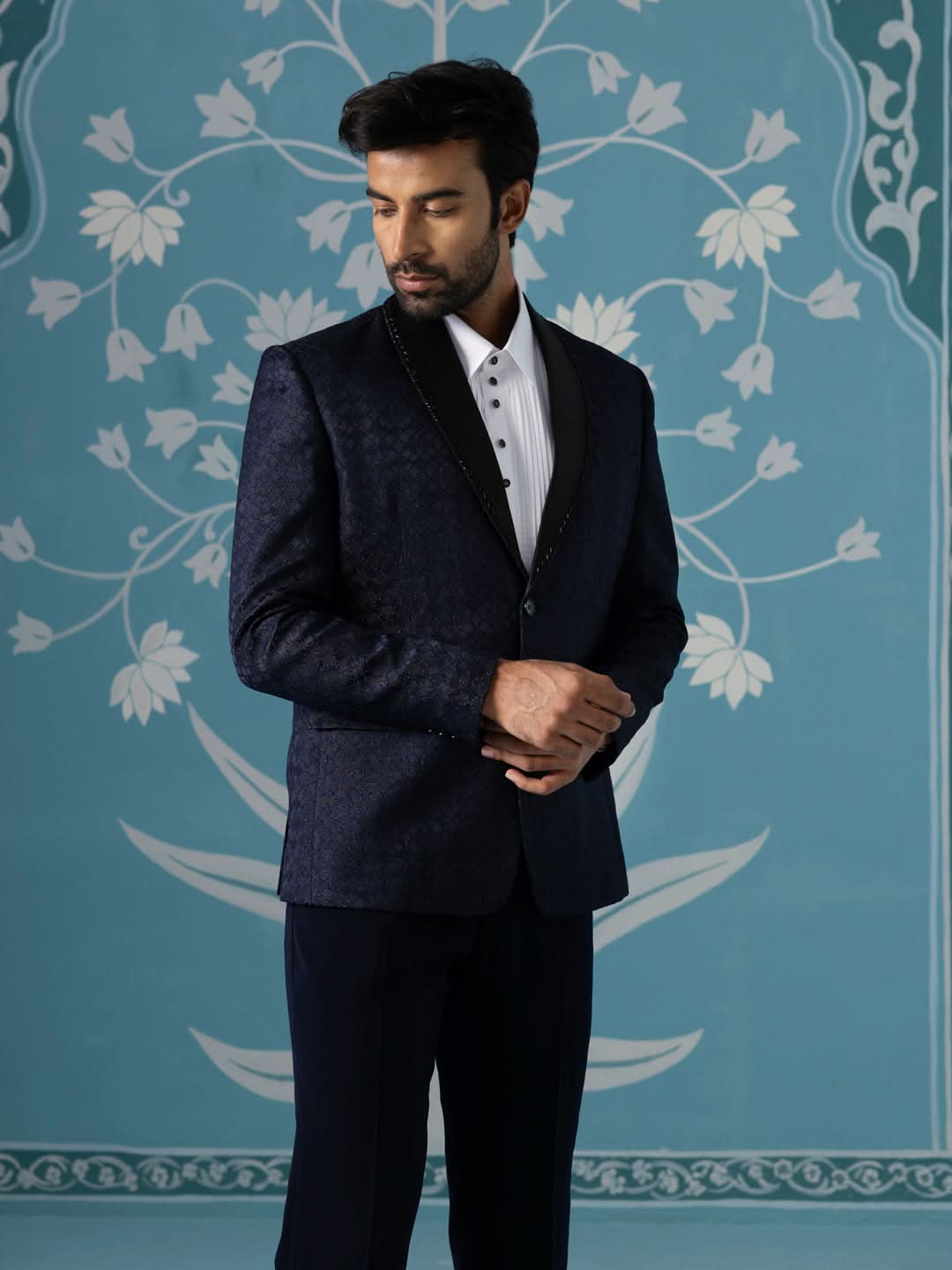 Navy Textured Blazer with Tuxedo Shirt