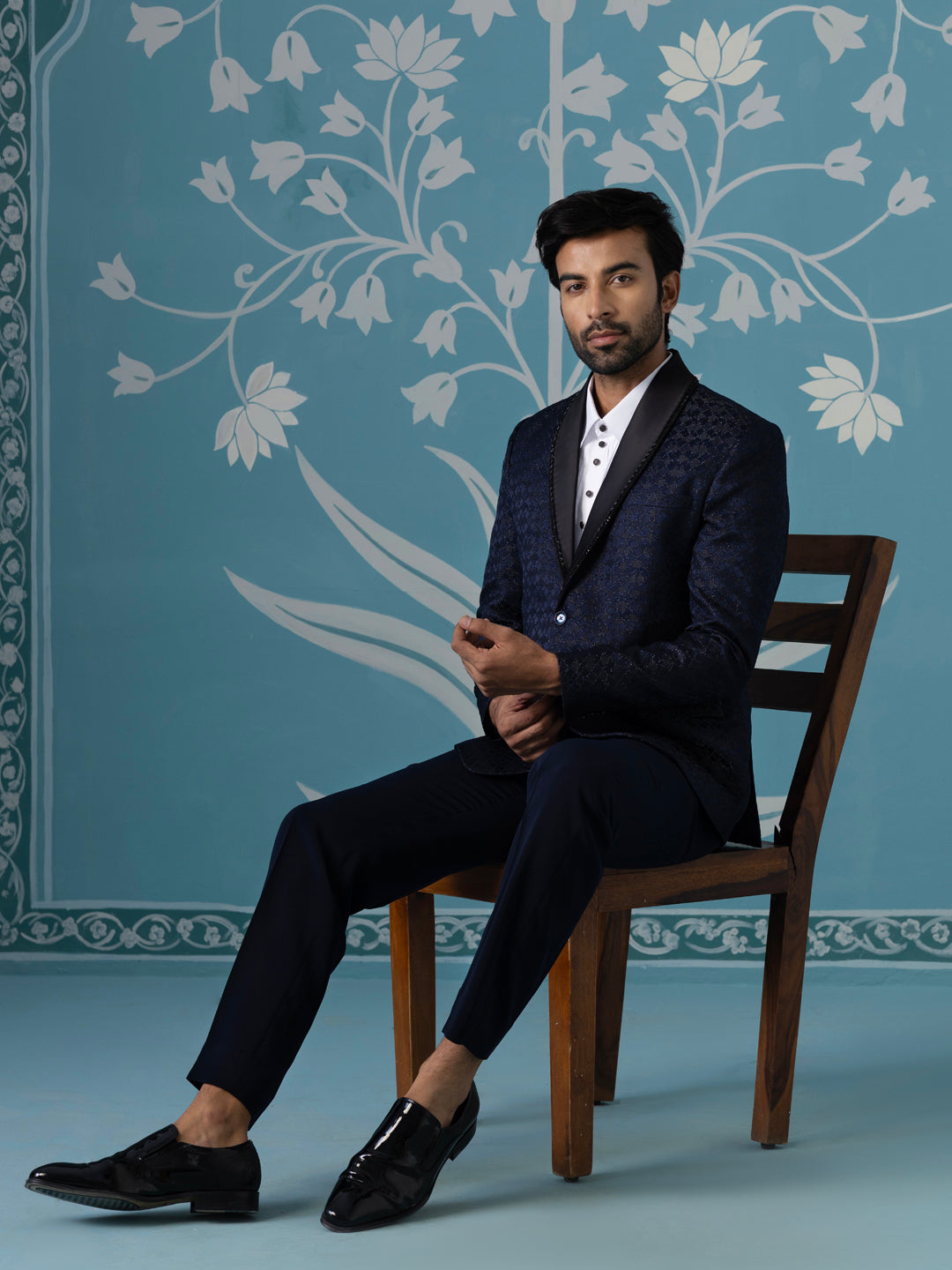 Navy Textured Blazer with Tuxedo Shirt