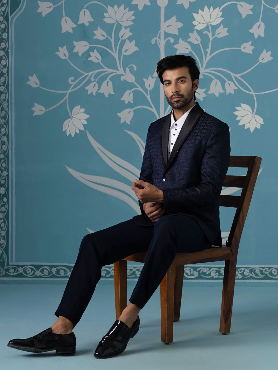 Navy Textured Blazer with Tuxedo Shirt