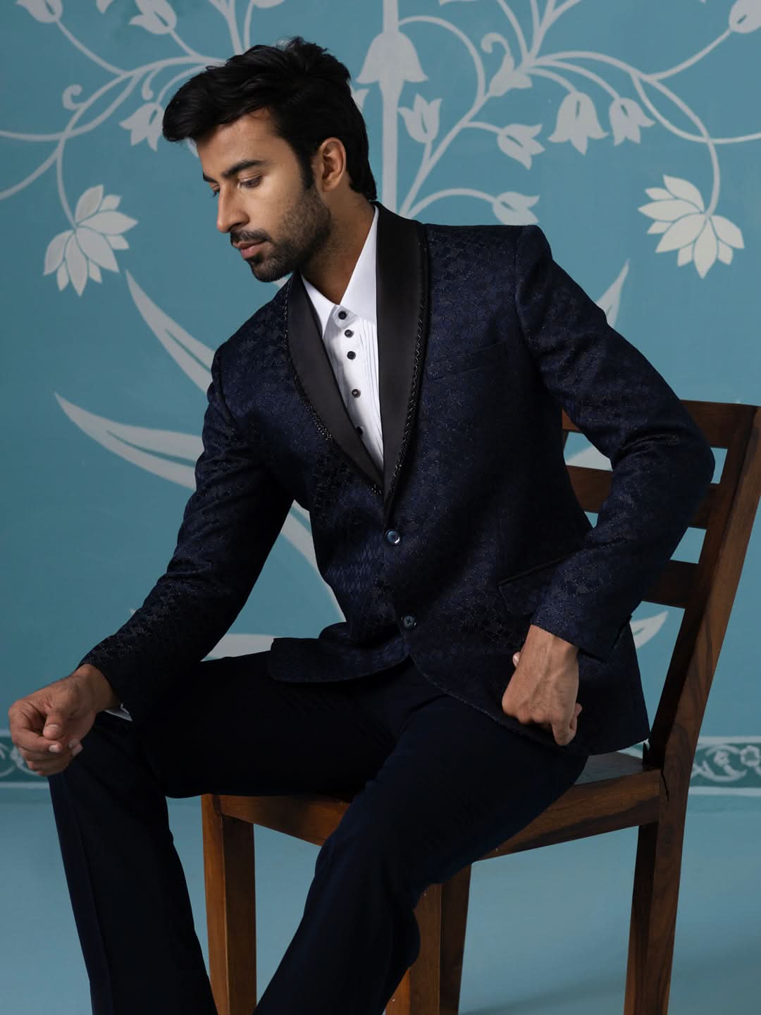 Navy Textured Blazer with Tuxedo Shirt