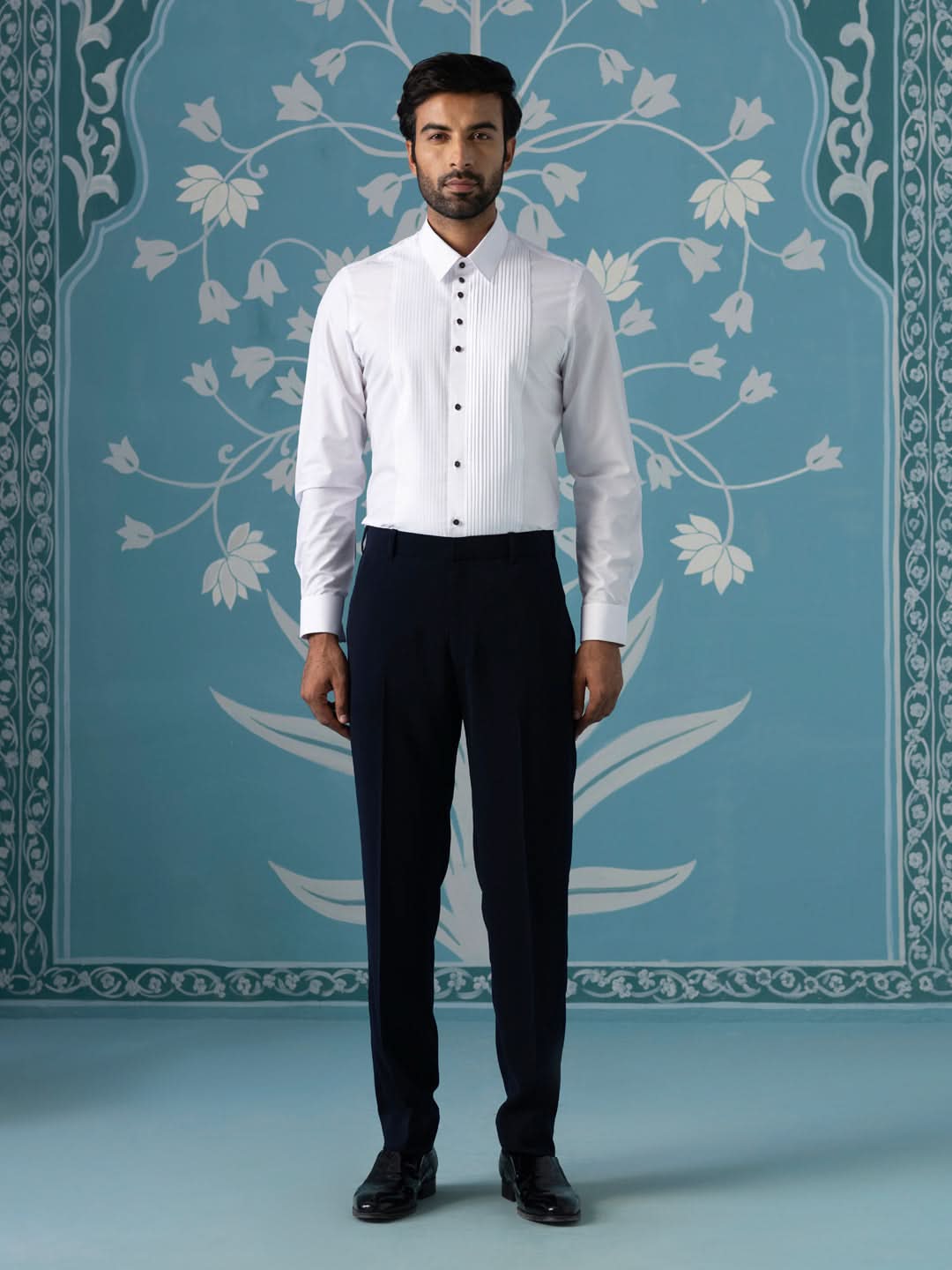 Navy Textured Blazer with Tuxedo Shirt