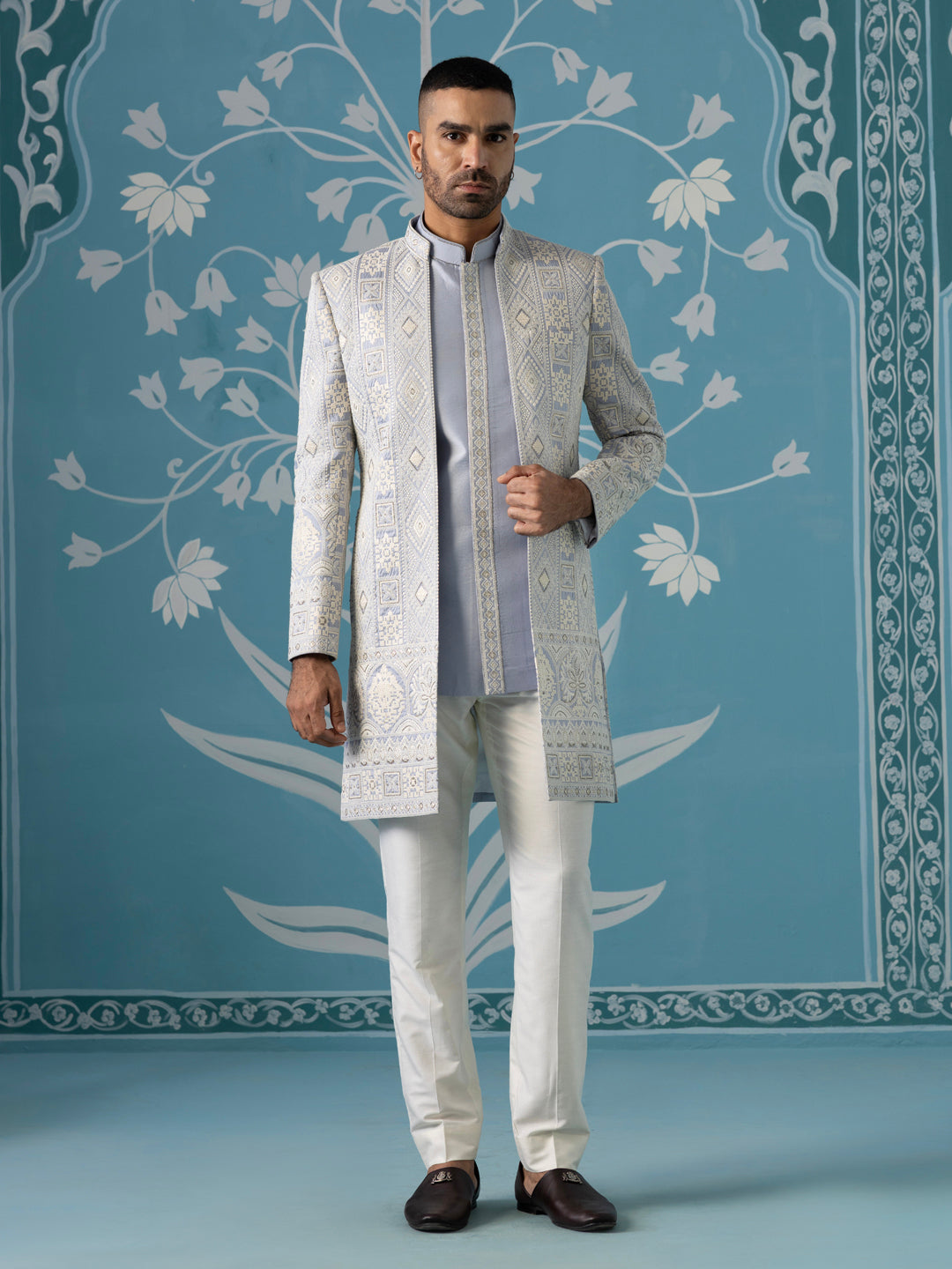 Light blue open indowestern set