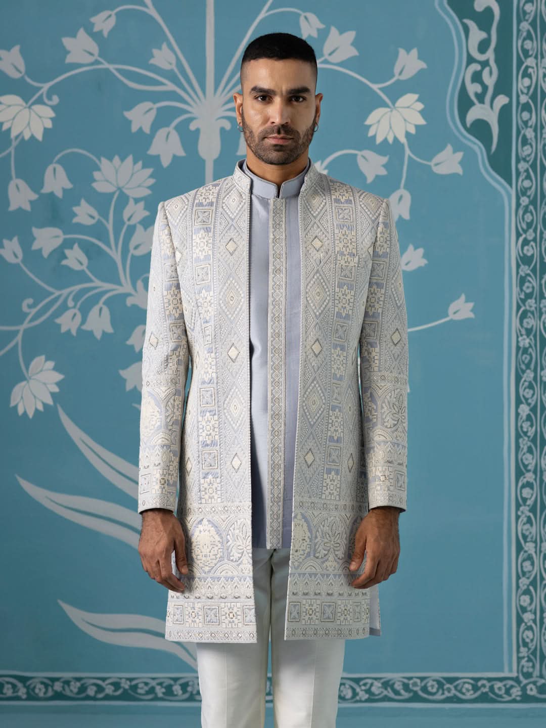 Light blue open indowestern set